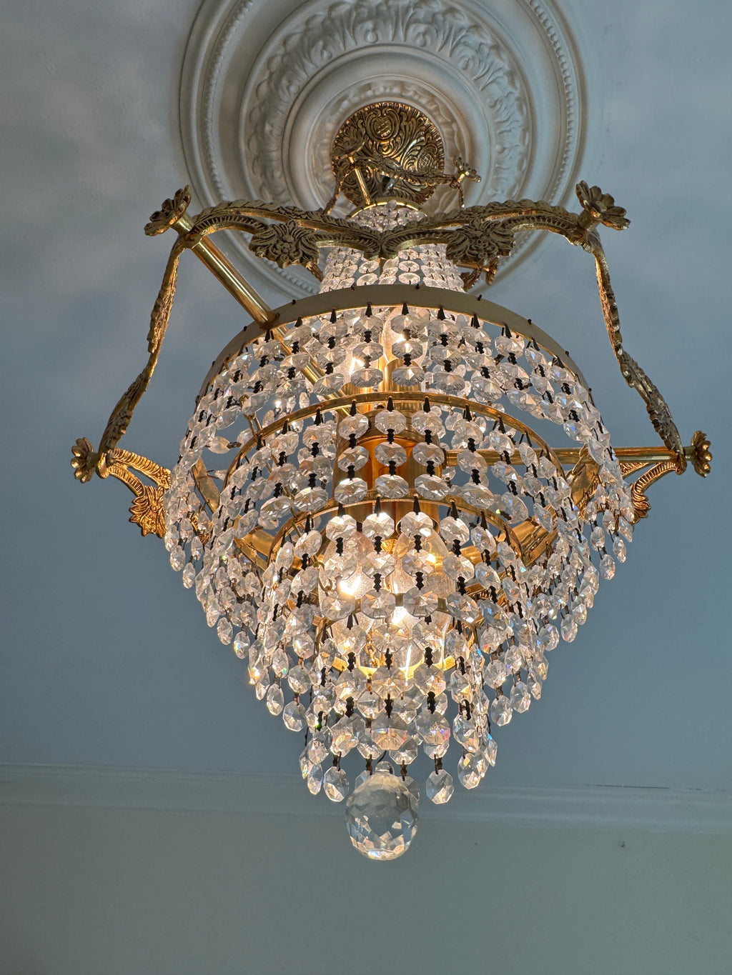 Mid-Century Schonbek Empire Style Crystal & Gilded Brass Chandelier Pendant