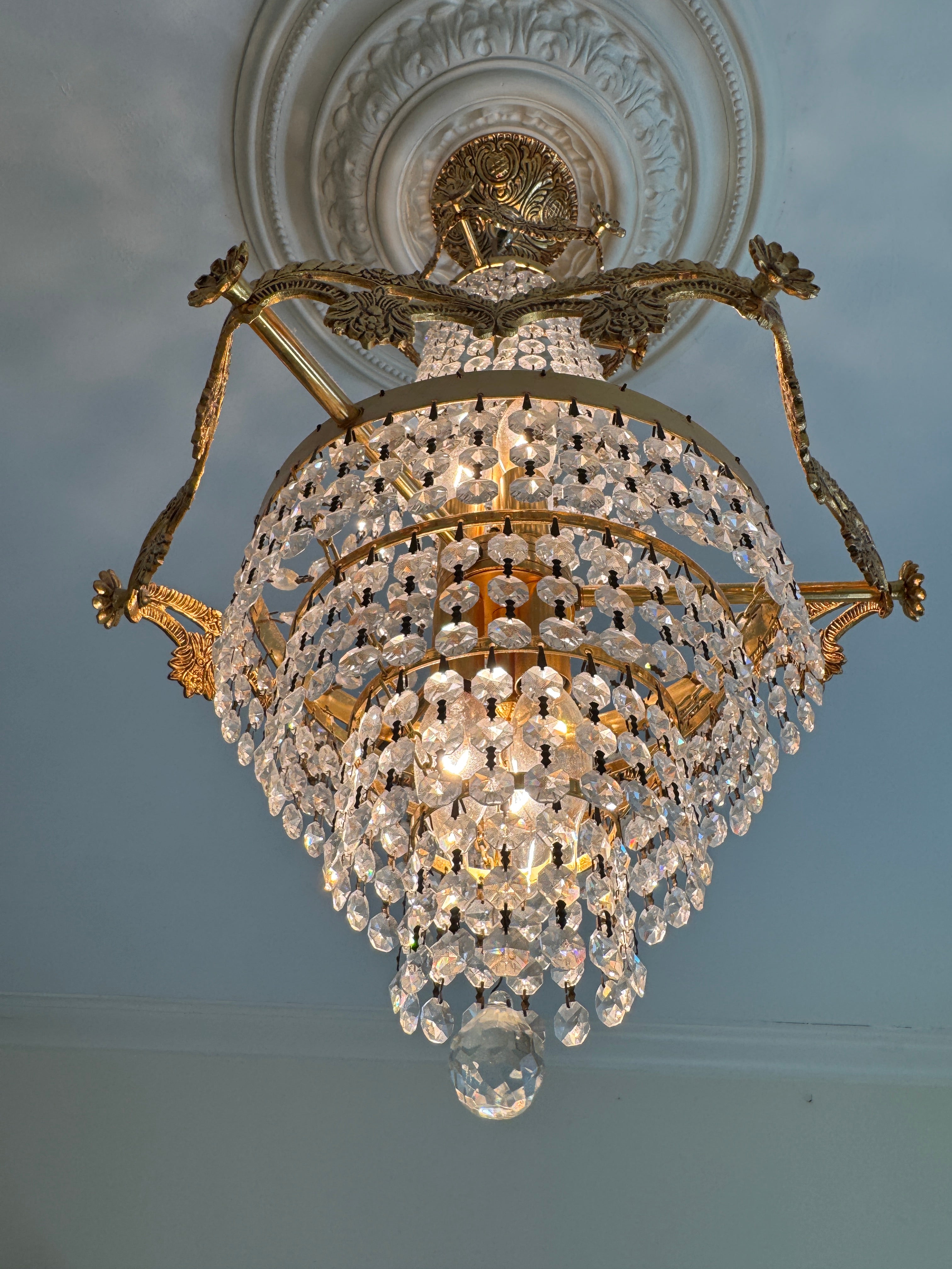 Mid-Century Schonbek Empire Style Crystal & Gilded Brass Chandelier Pendant