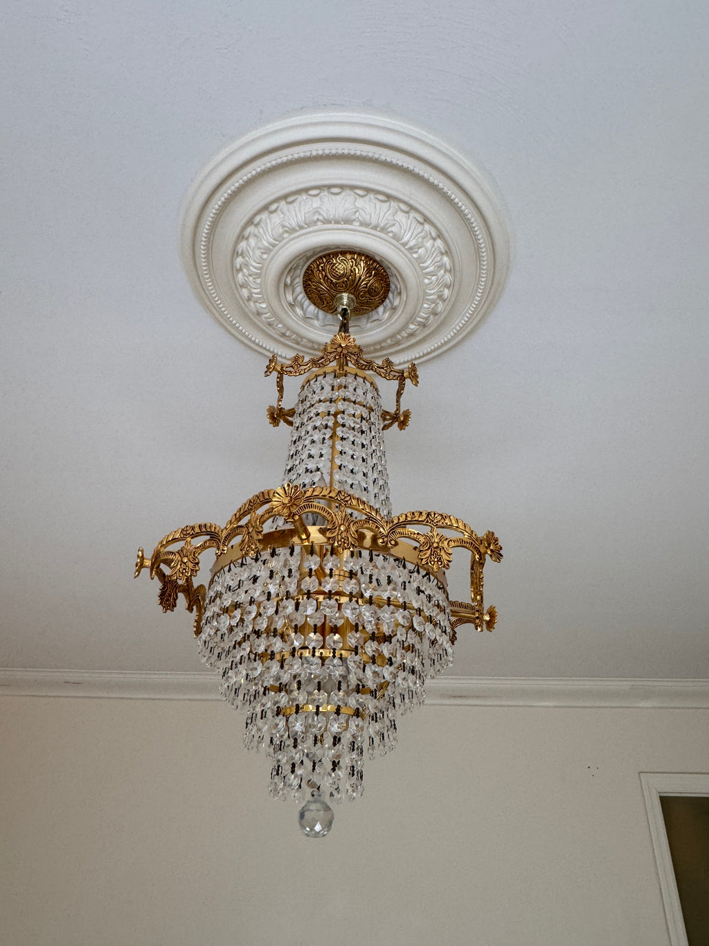 Mid-Century Schonbek Empire Style Crystal & Gilded Brass Chandelier Pendant