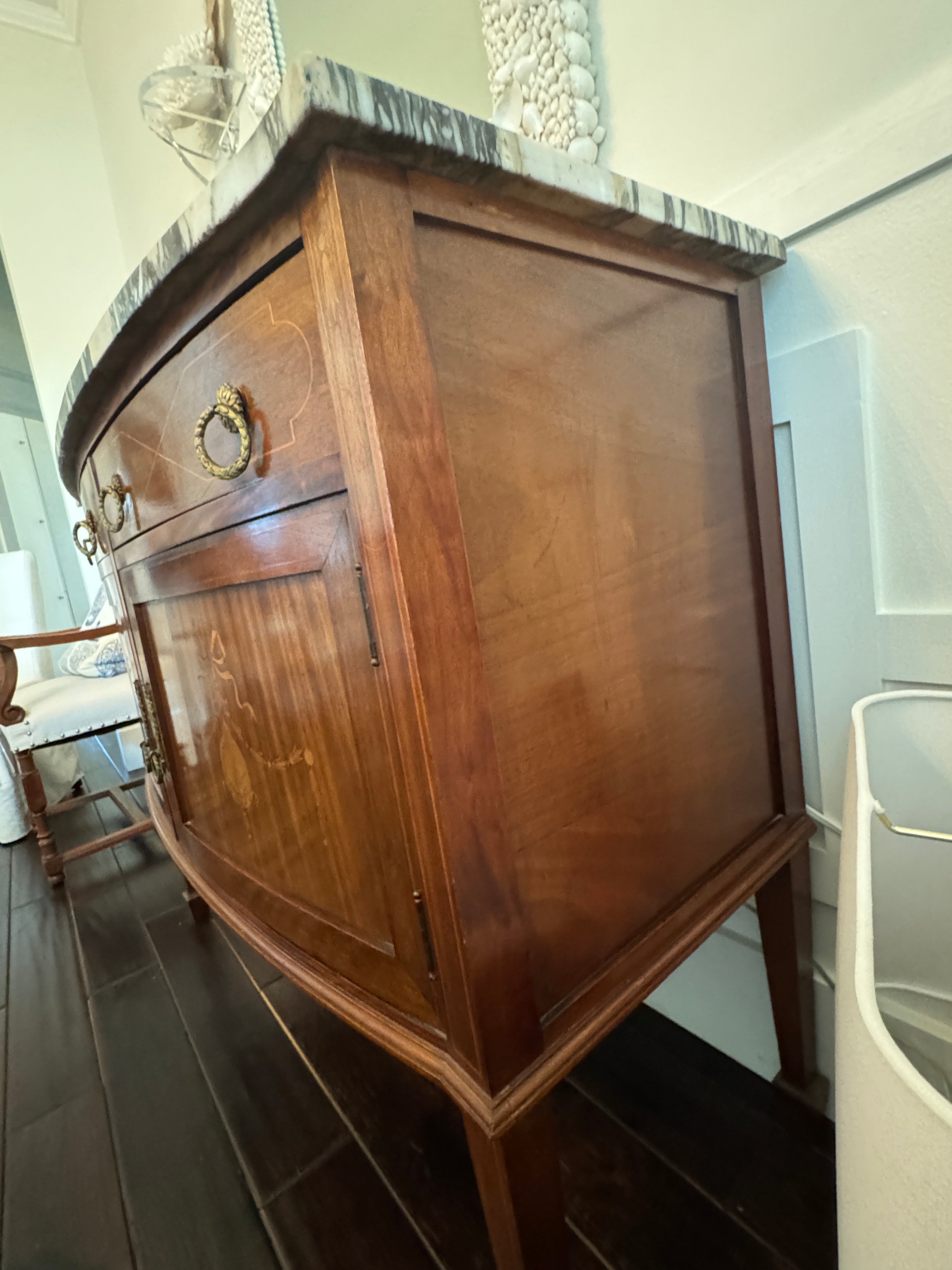 Antique French Louis XVI Demilune Mahogany  Calacatta Viola Marble Top Buffet Sideboard Credenza
