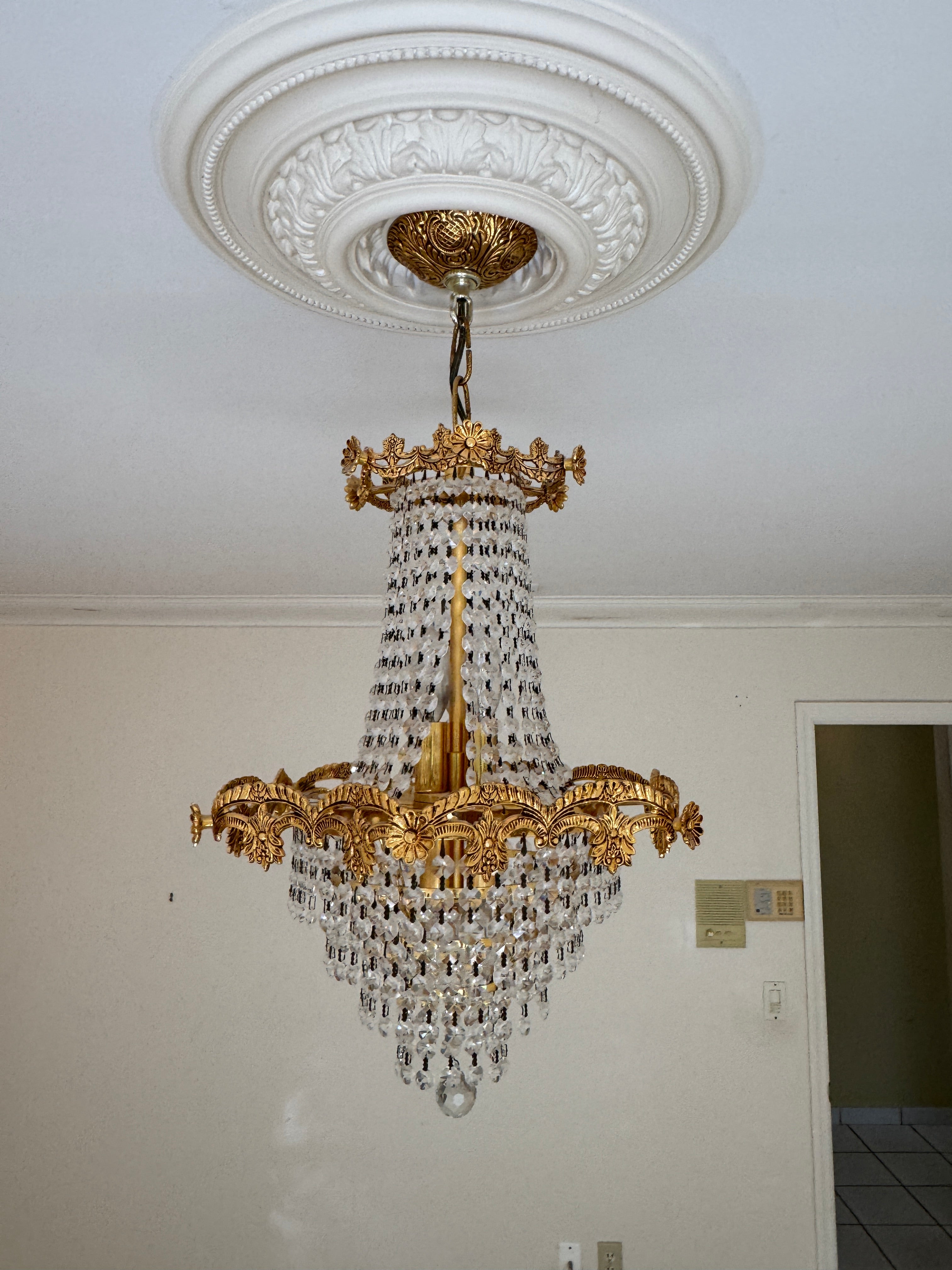 Mid-Century Schonbek Empire Style Crystal & Gilded Brass Chandelier Pendant