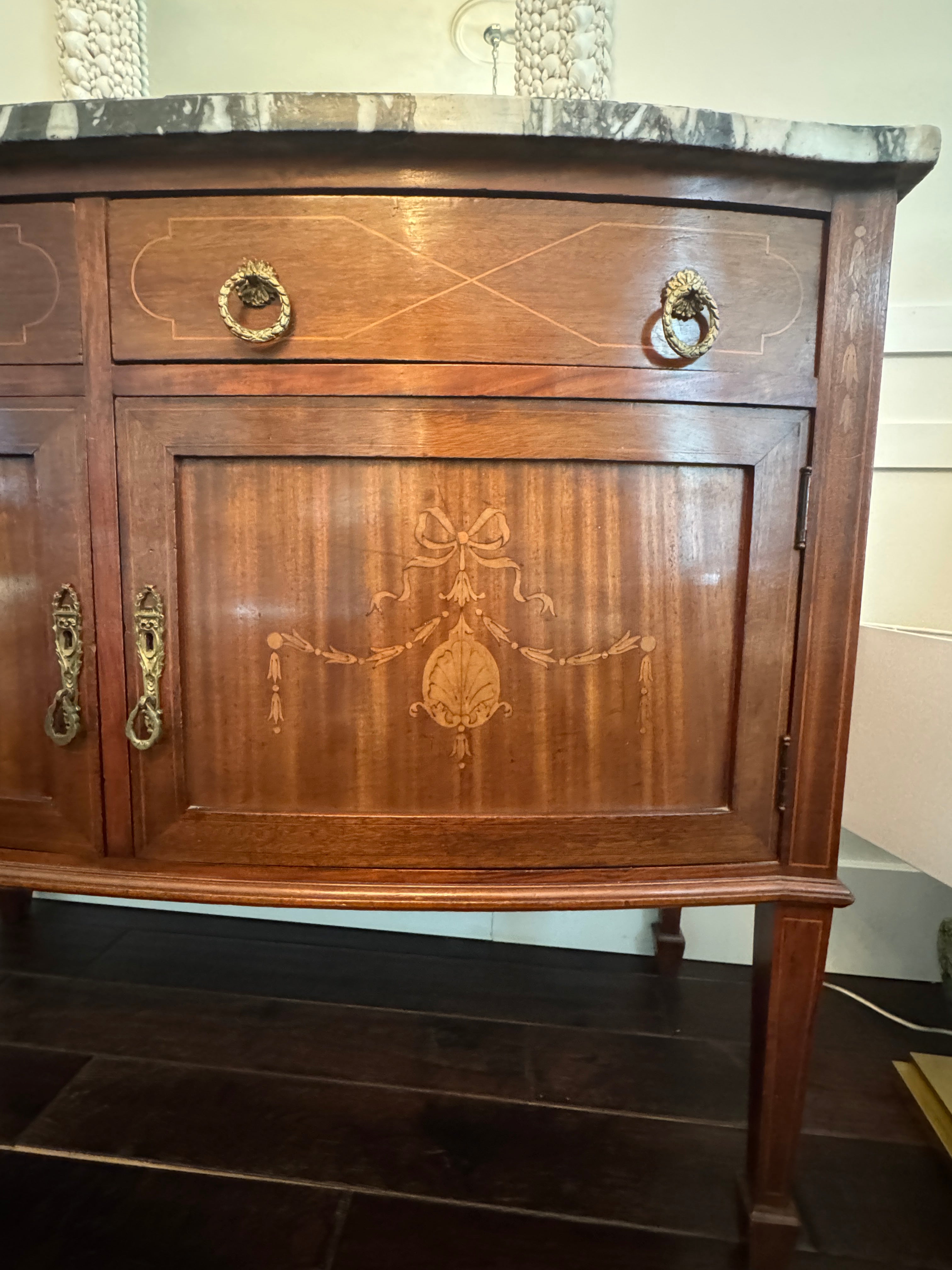 Antique French Louis XVI Demilune Mahogany  Calacatta Viola Marble Top Buffet Sideboard Credenza