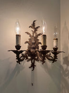 Pair of Vintage Bronze Three Arm Wall Sconces with White Candlesticks