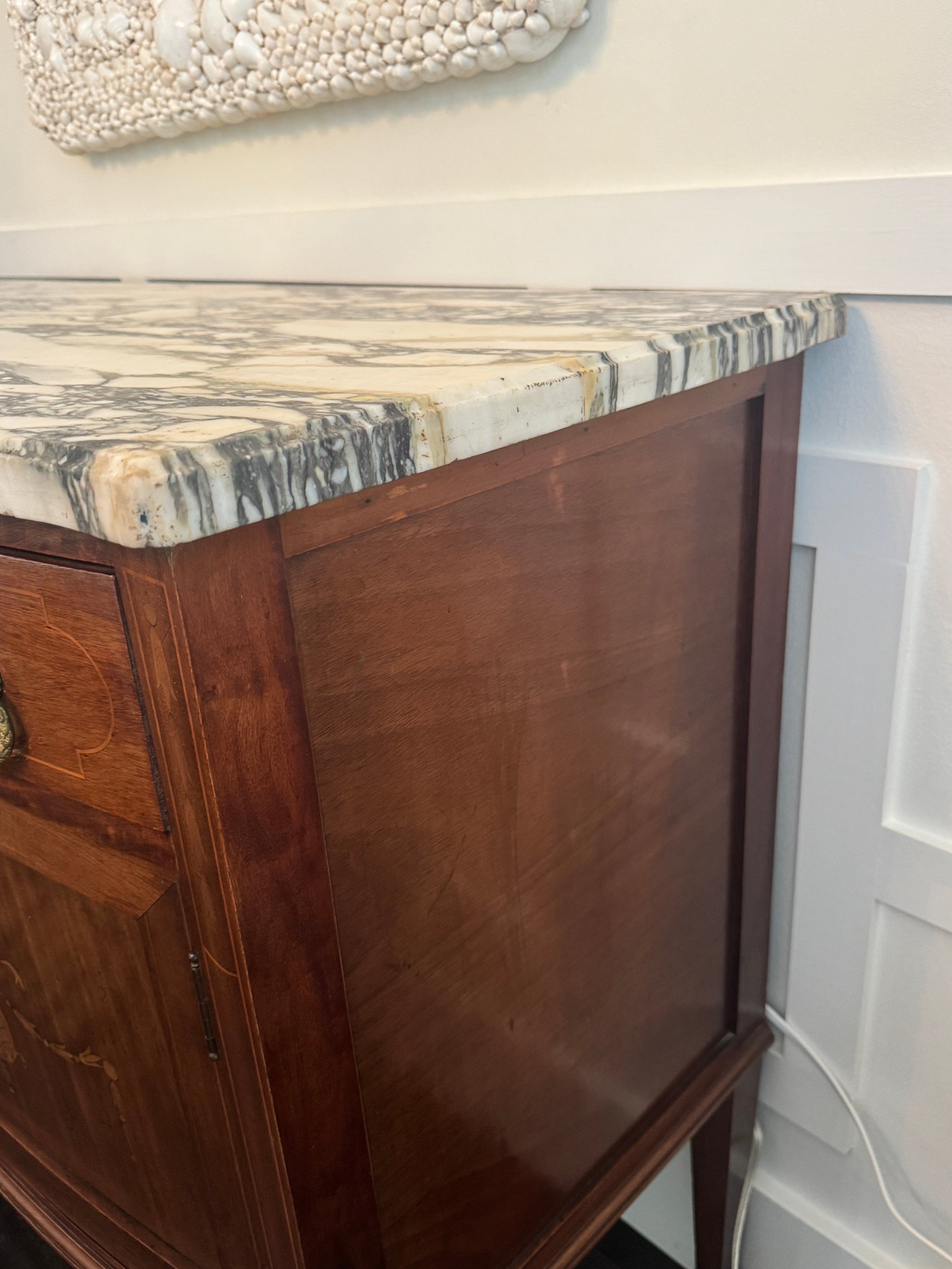 Antique French Louis XVI Demilune Mahogany  Calacatta Viola Marble Top Buffet Sideboard Credenza