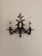Pair of Vintage Bronze Three Arm Wall Sconces with White Candlesticks