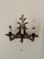 Pair of Vintage Bronze Three Arm Wall Sconces with White Candlesticks
