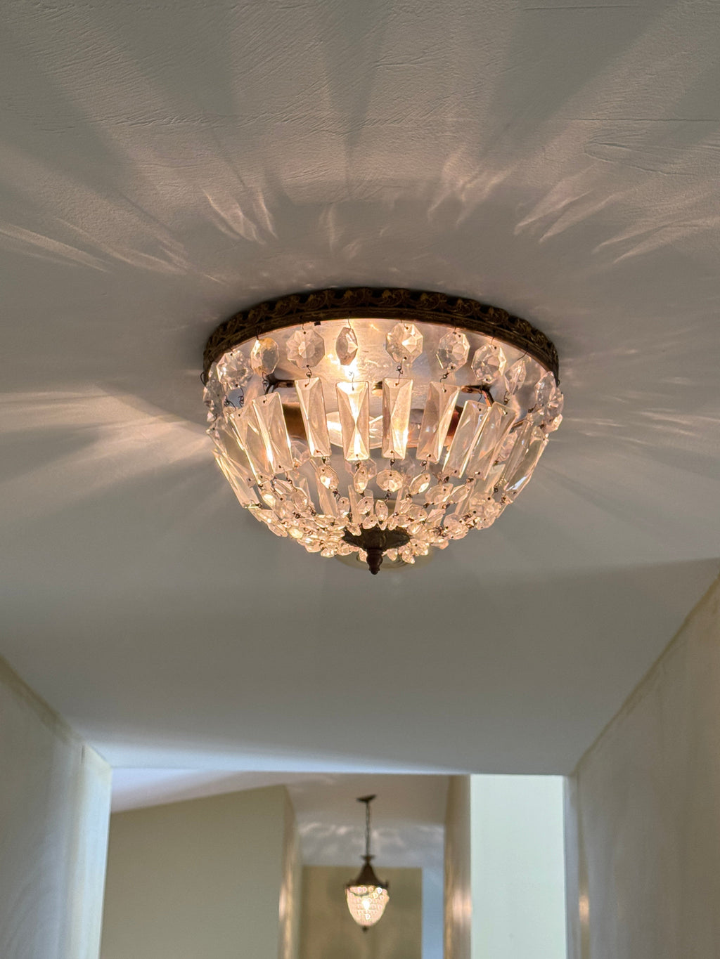 Mid-Century Louis XVI French Regency Ceiling Pendant in Crystal and Brass