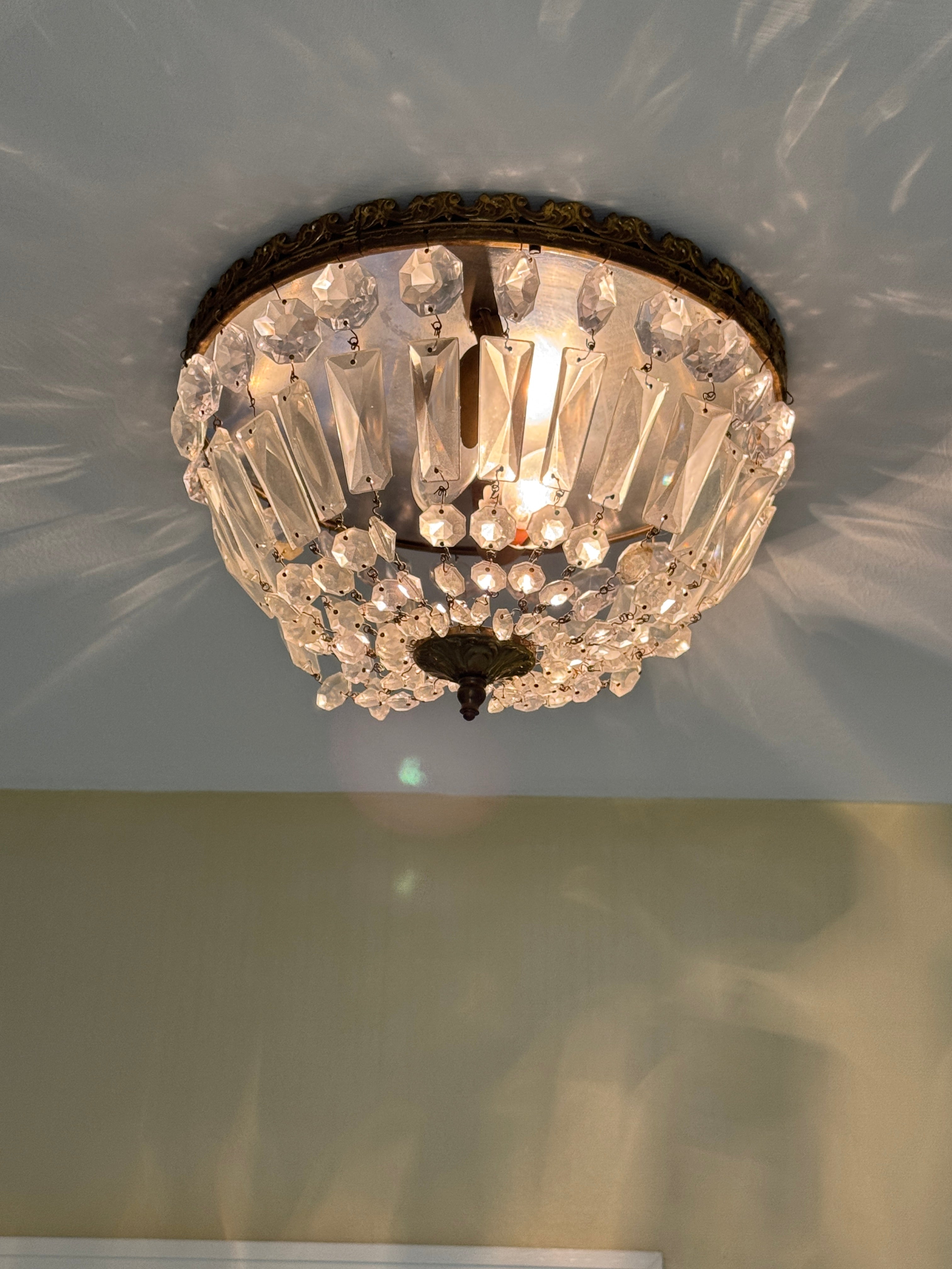 Mid-Century Louis XVI French Regency Ceiling Pendant in Crystal and Brass