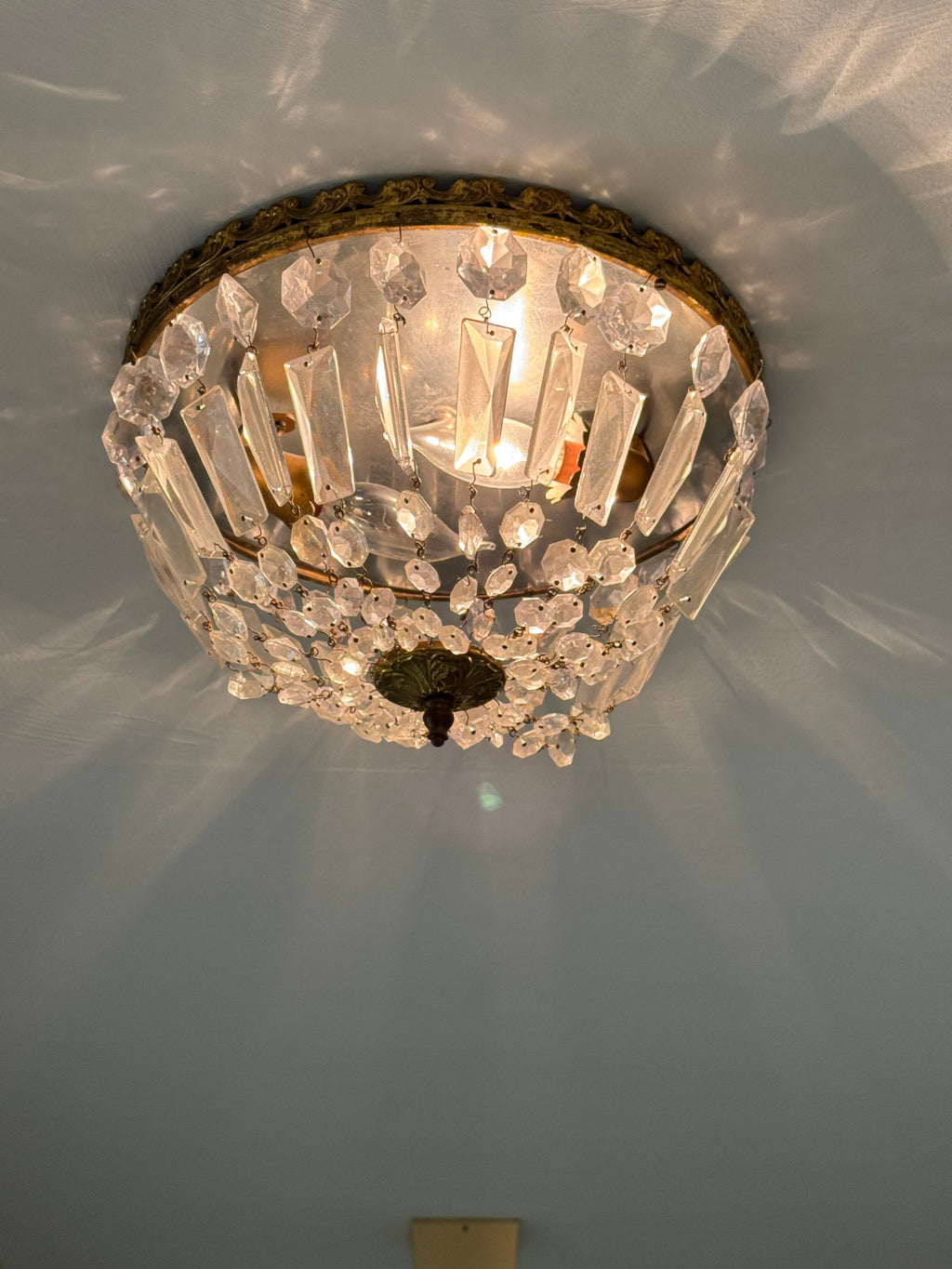 Mid-Century Louis XVI French Regency Ceiling Pendant in Crystal and Brass