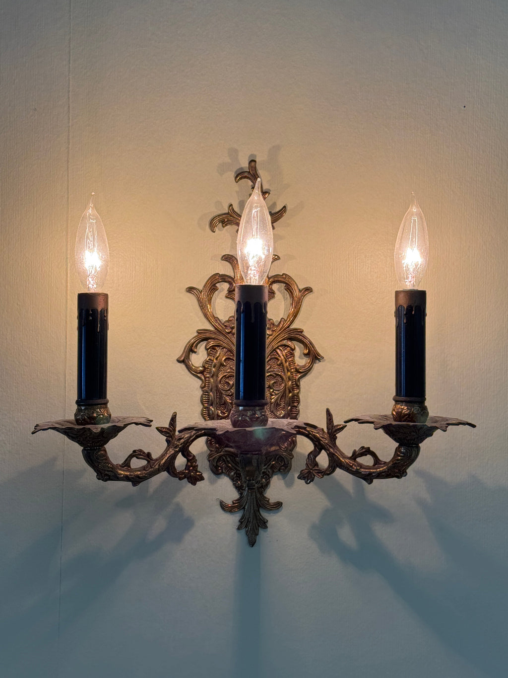 Pair of Vintage Bronze Three Arm Wall Sconces