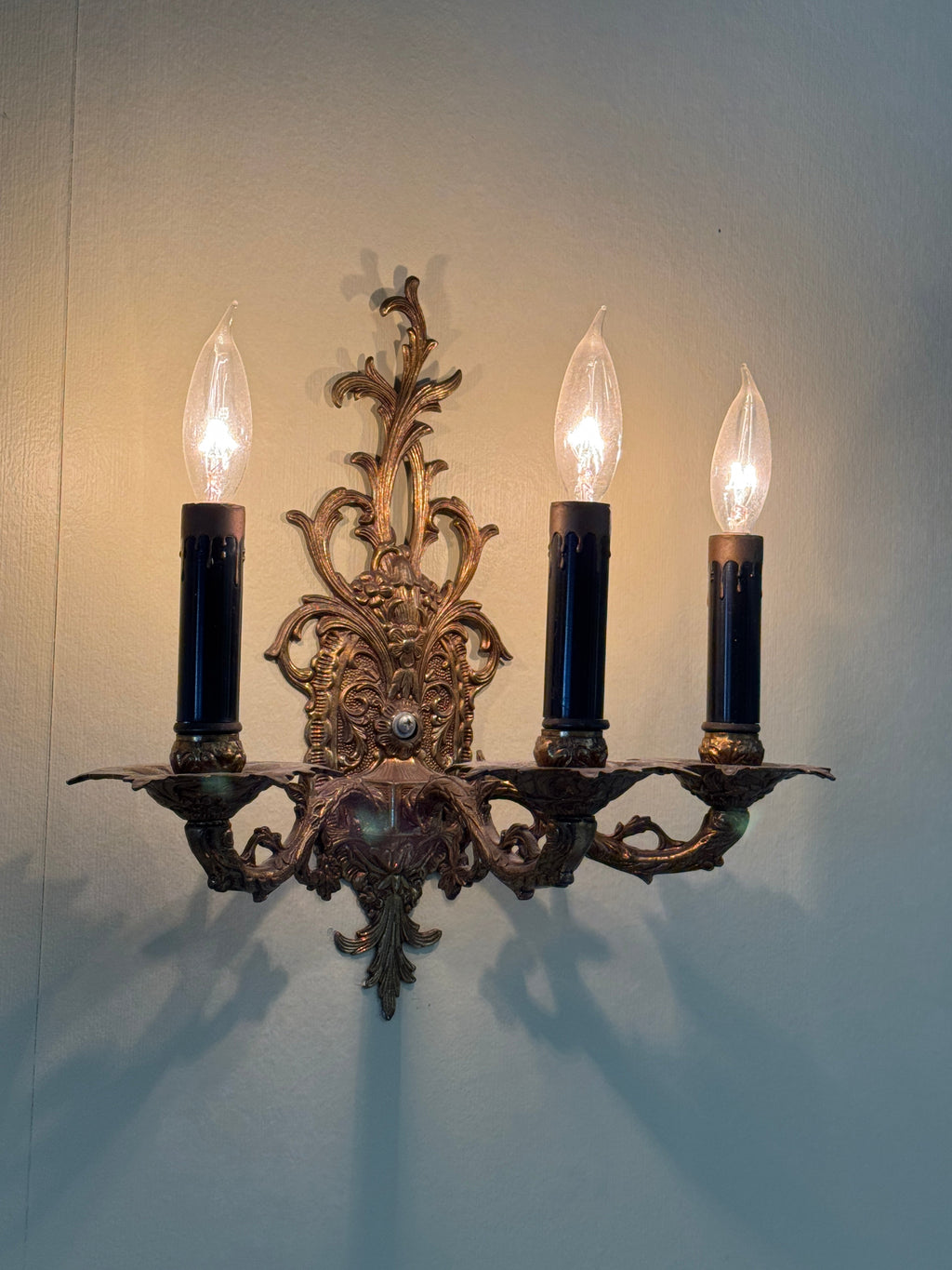 Pair of Vintage Bronze Three Arm Wall Sconces
