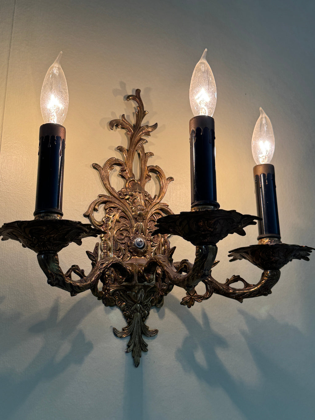 Pair of Vintage Bronze Three Arm Wall Sconces