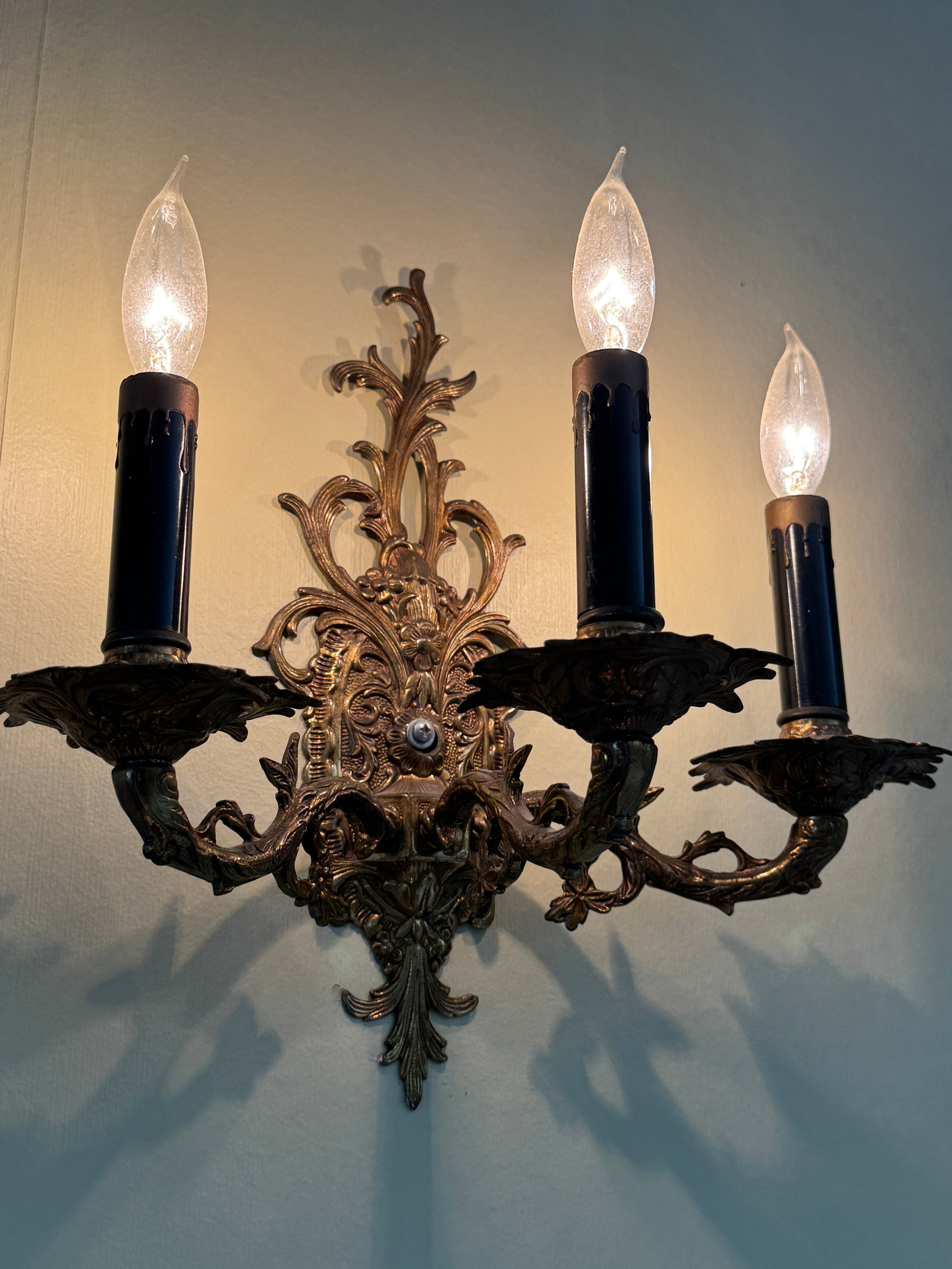 Pair of Vintage Bronze Three Arm Wall Sconces
