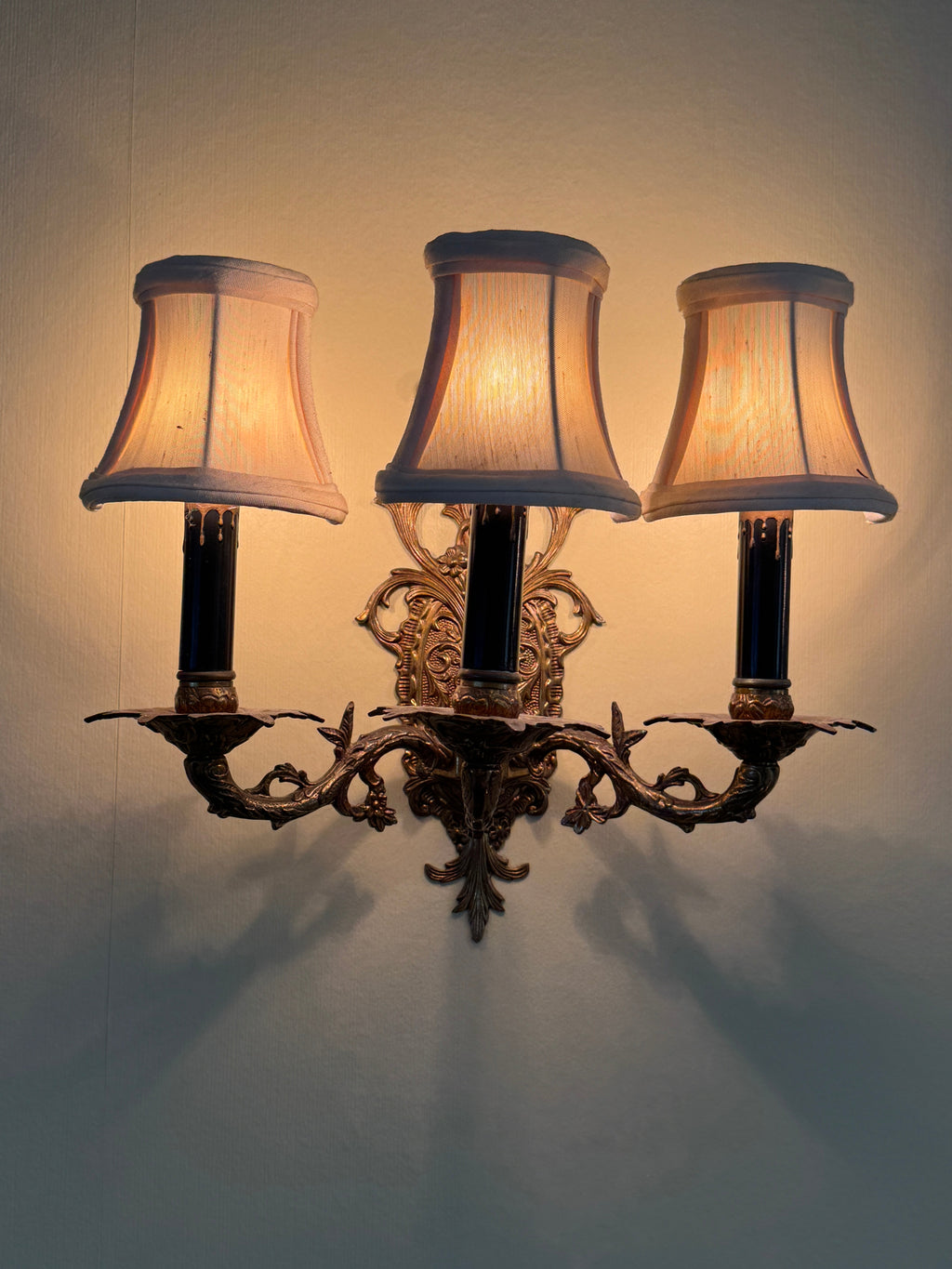 Pair of Vintage Bronze Three Arm Wall Sconces