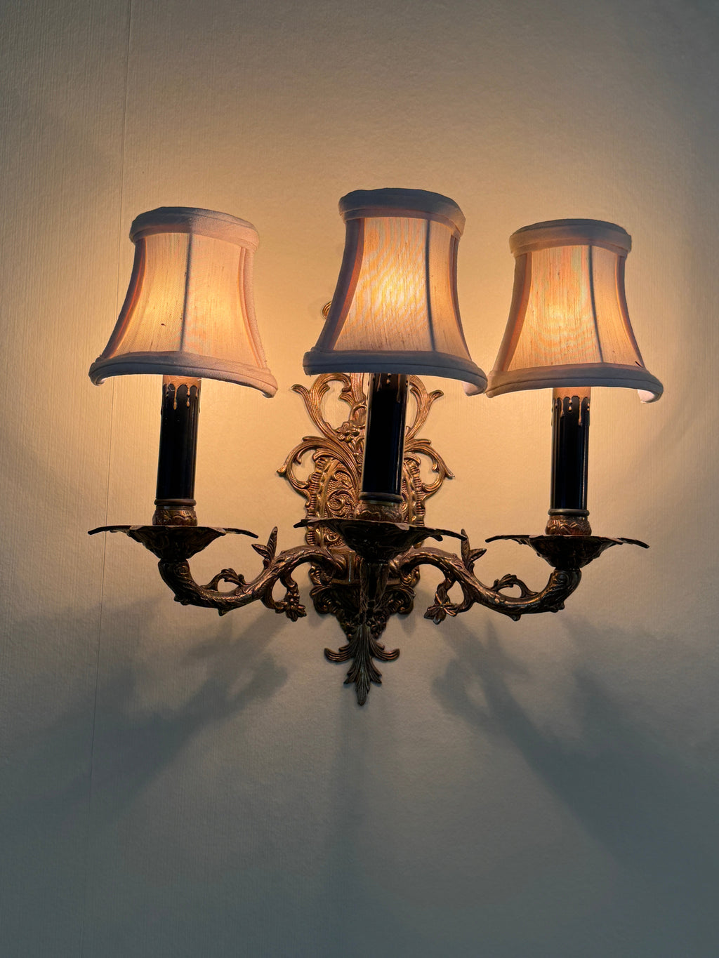 Pair of Vintage Bronze Three Arm Wall Sconces
