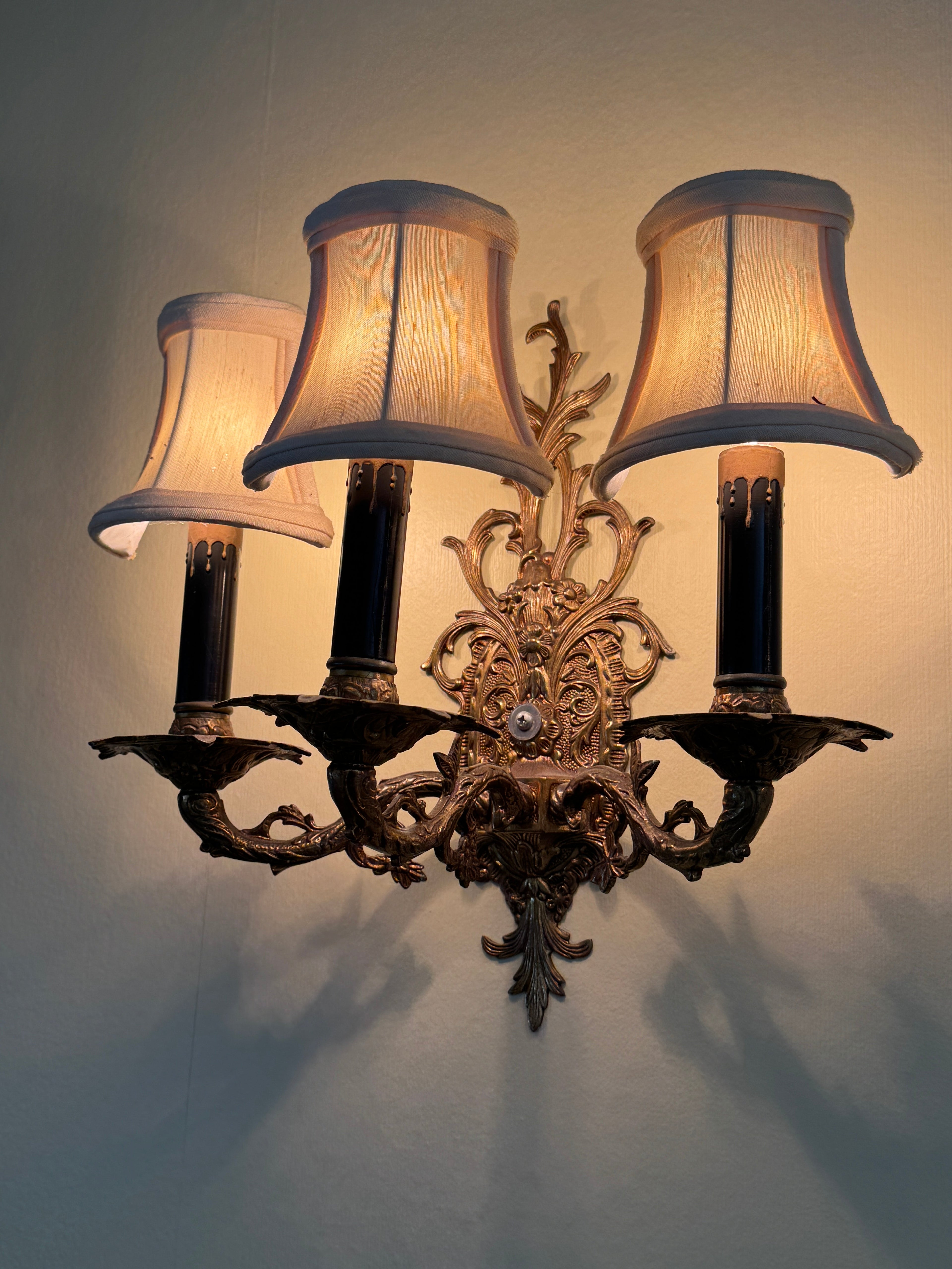 Pair of Vintage Bronze Three Arm Wall Sconces