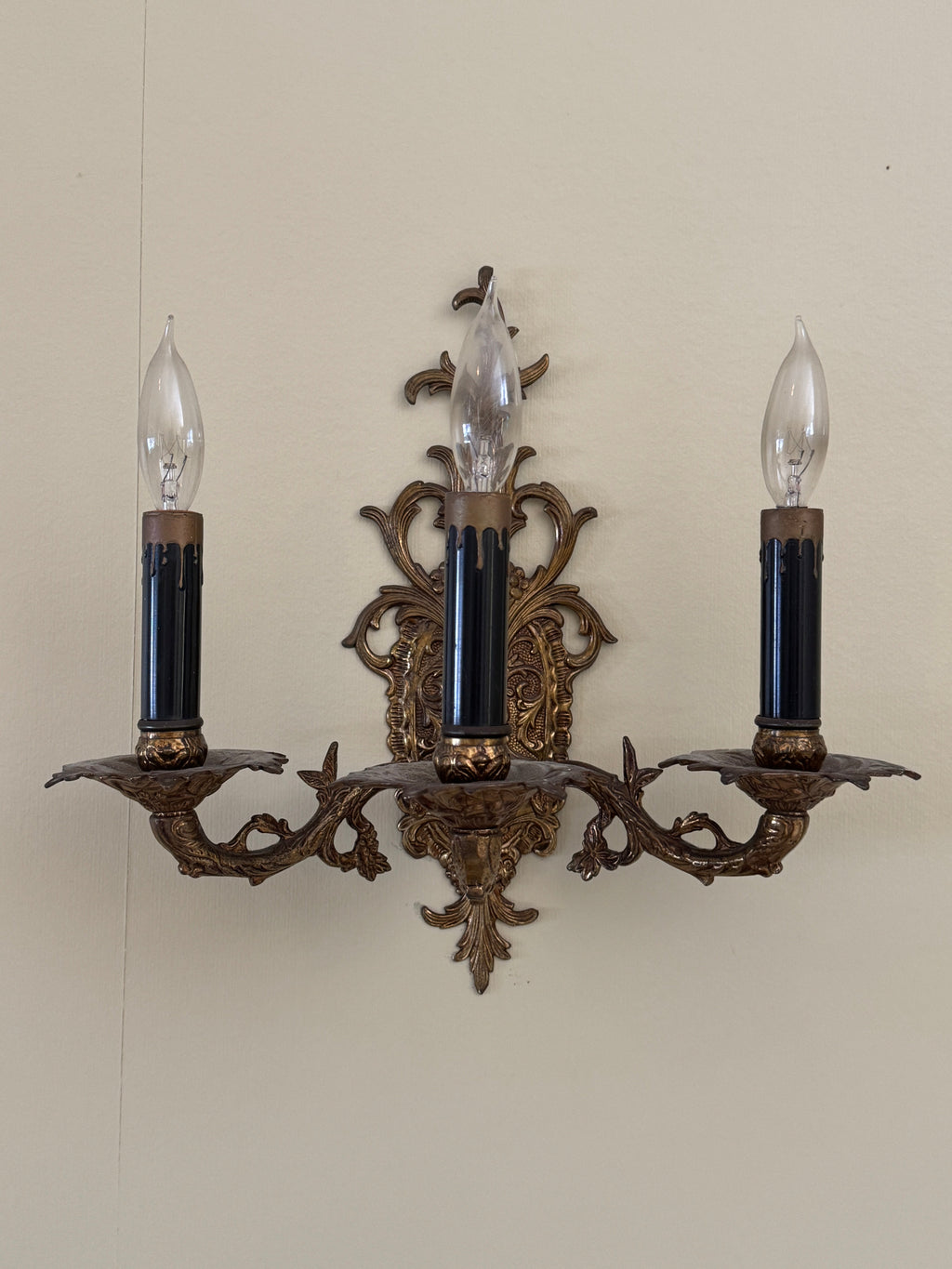 Pair of Vintage Bronze Three Arm Wall Sconces