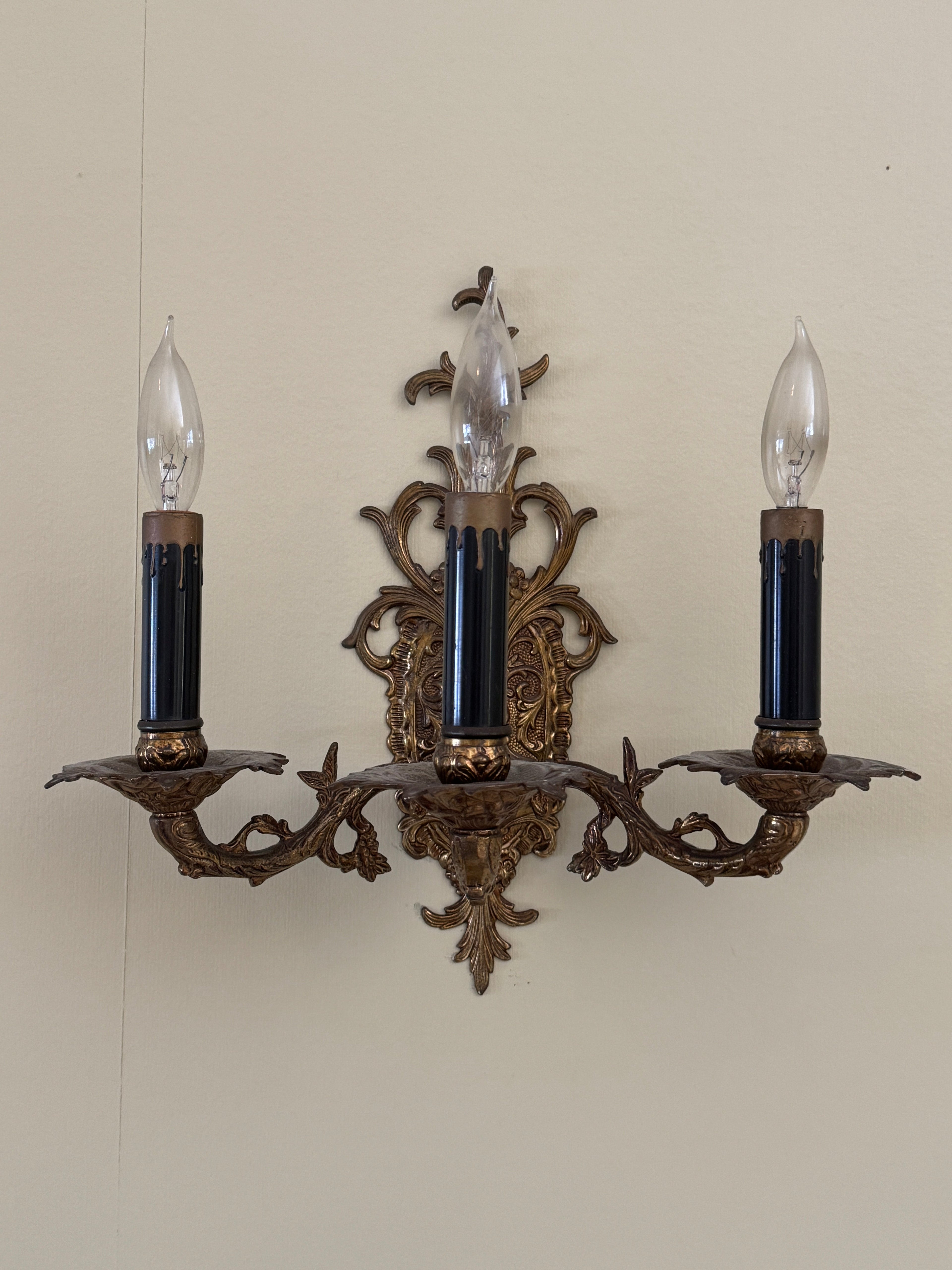 Pair of Vintage Bronze Three Arm Wall Sconces