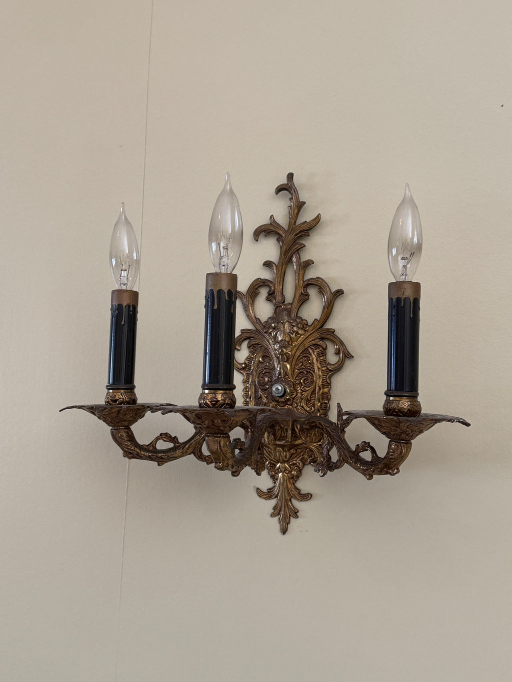 Pair of Vintage Bronze Three Arm Wall Sconces