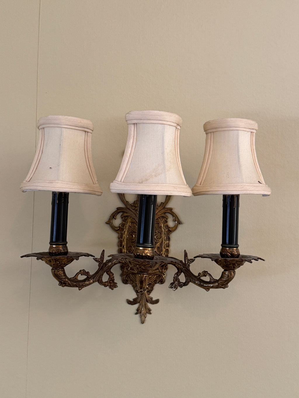 Pair of Vintage Bronze Three Arm Wall Sconces