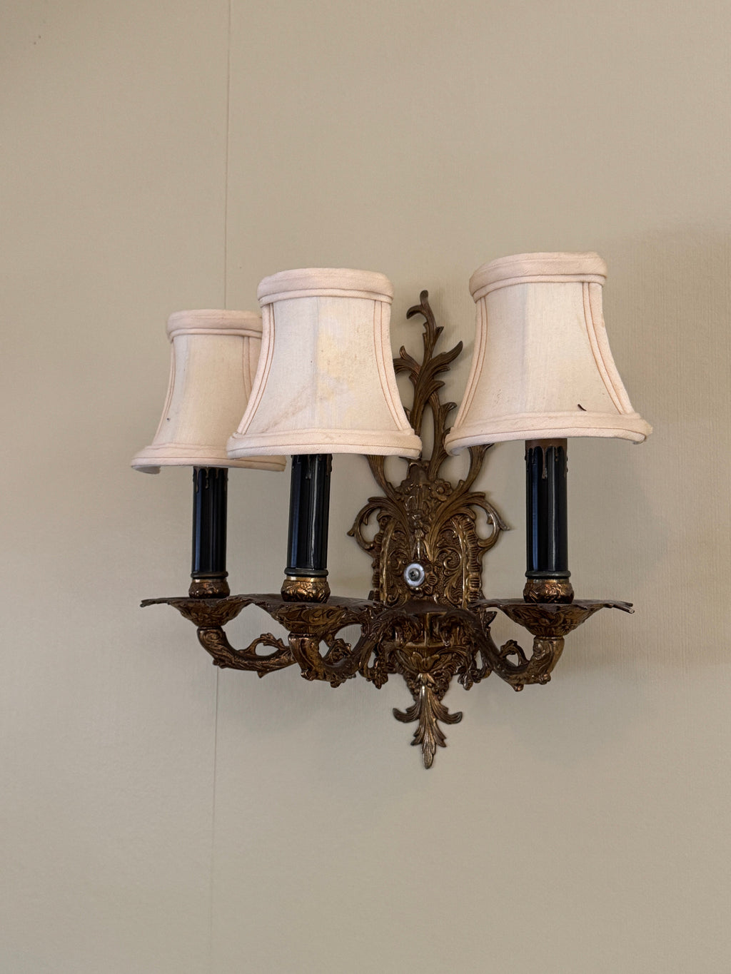 Pair of Vintage Bronze Three Arm Wall Sconces
