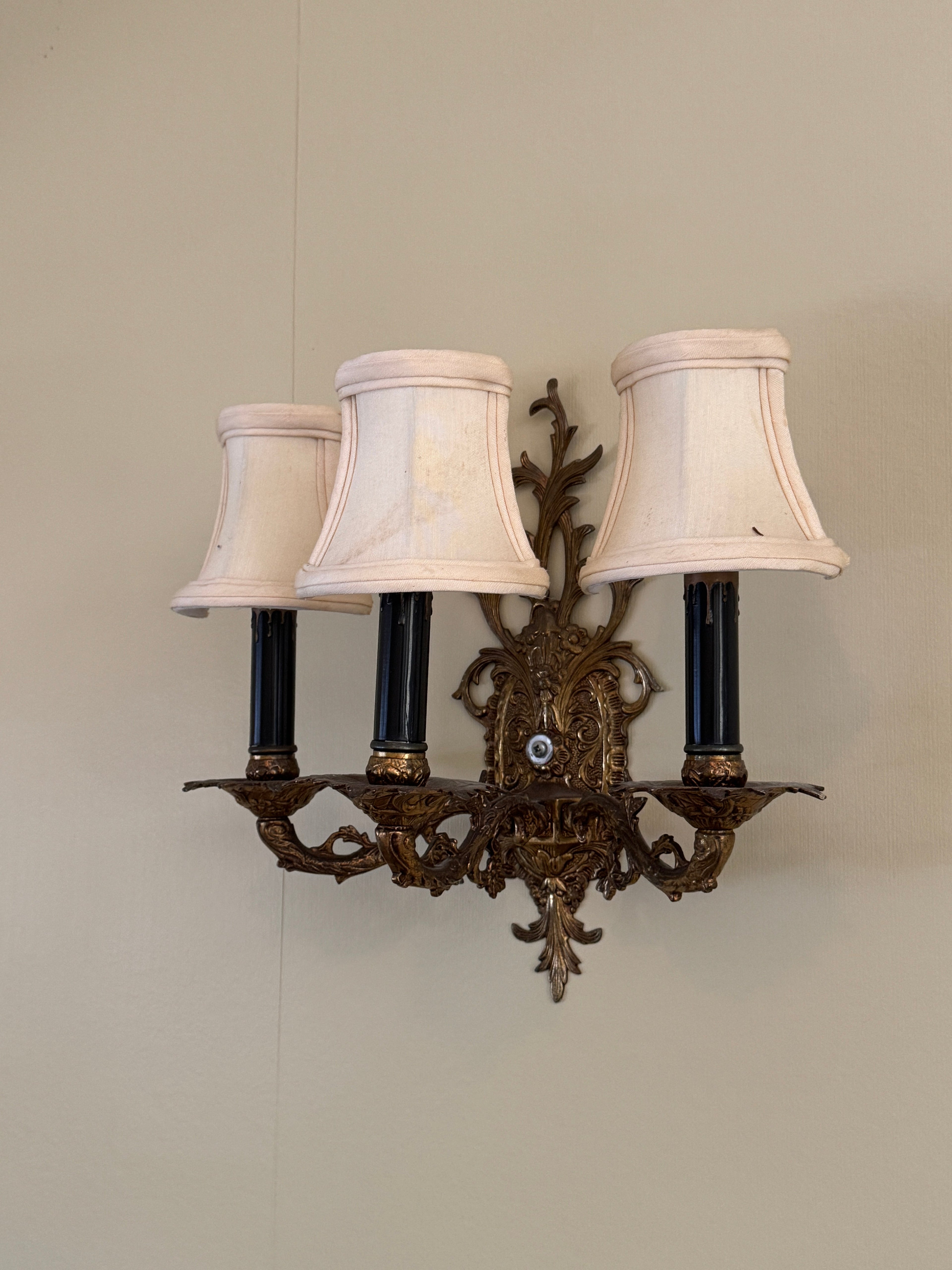 Pair of Vintage Bronze Three Arm Wall Sconces