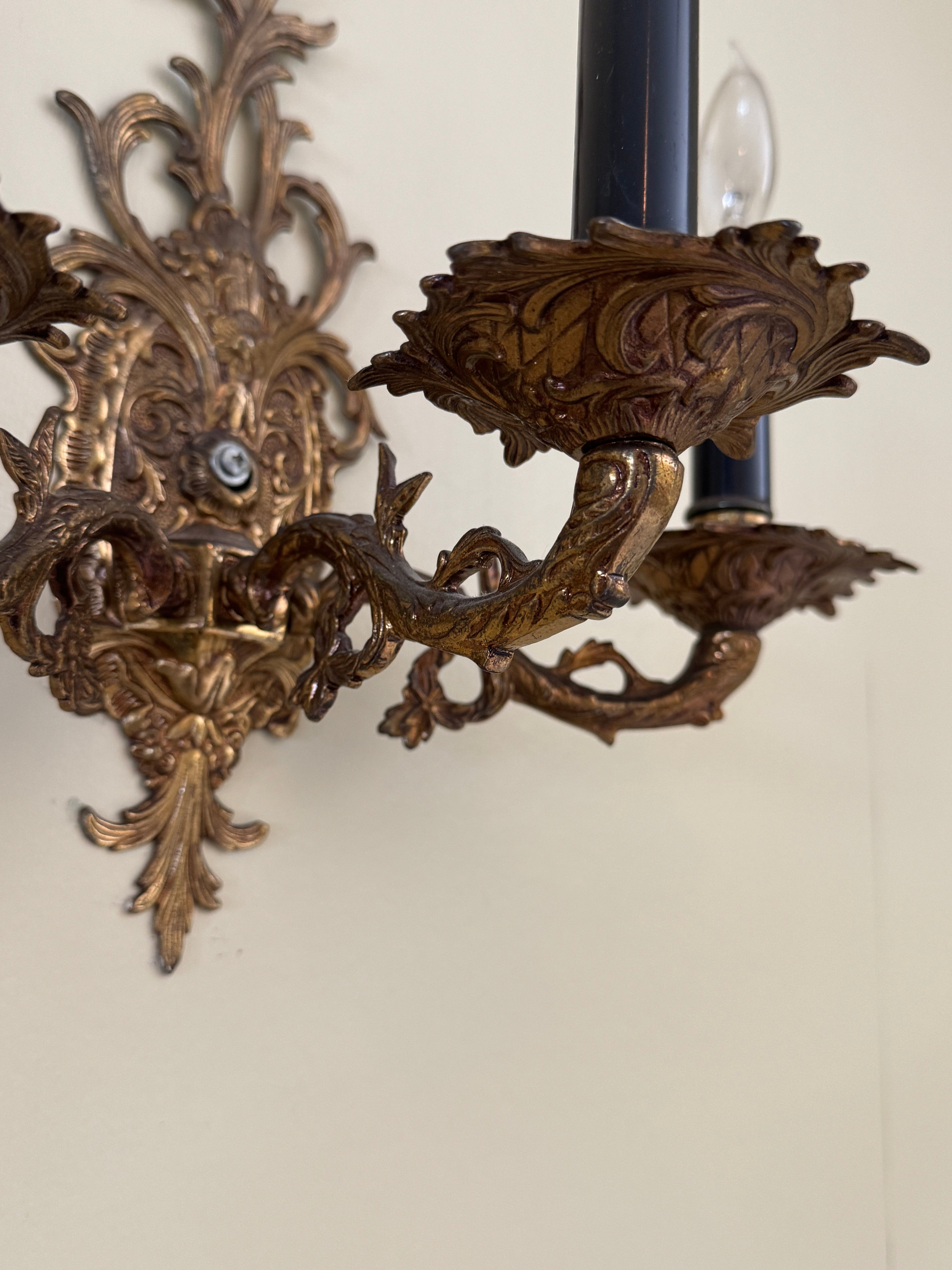 Pair of Vintage Bronze Three Arm Wall Sconces