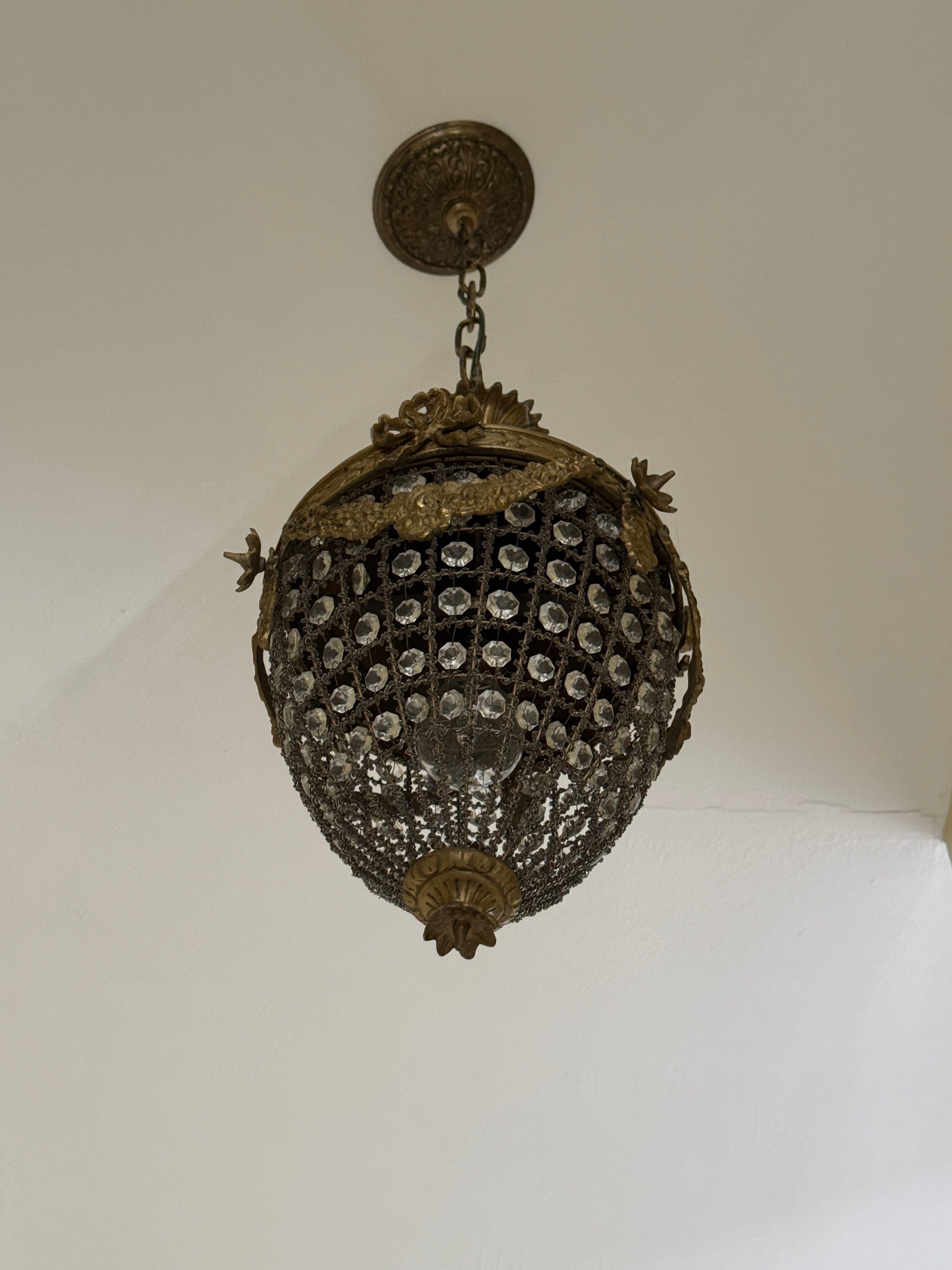 French Rococo Style Teardrop Pendant Chandelier with Gilded Brass and Crystals