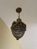 French Rococo Style Teardrop Pendant Chandelier with Gilded Brass and Crystals
