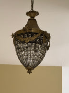 French Rococo Style Teardrop Pendant Chandelier with Gilded Brass and Crystals