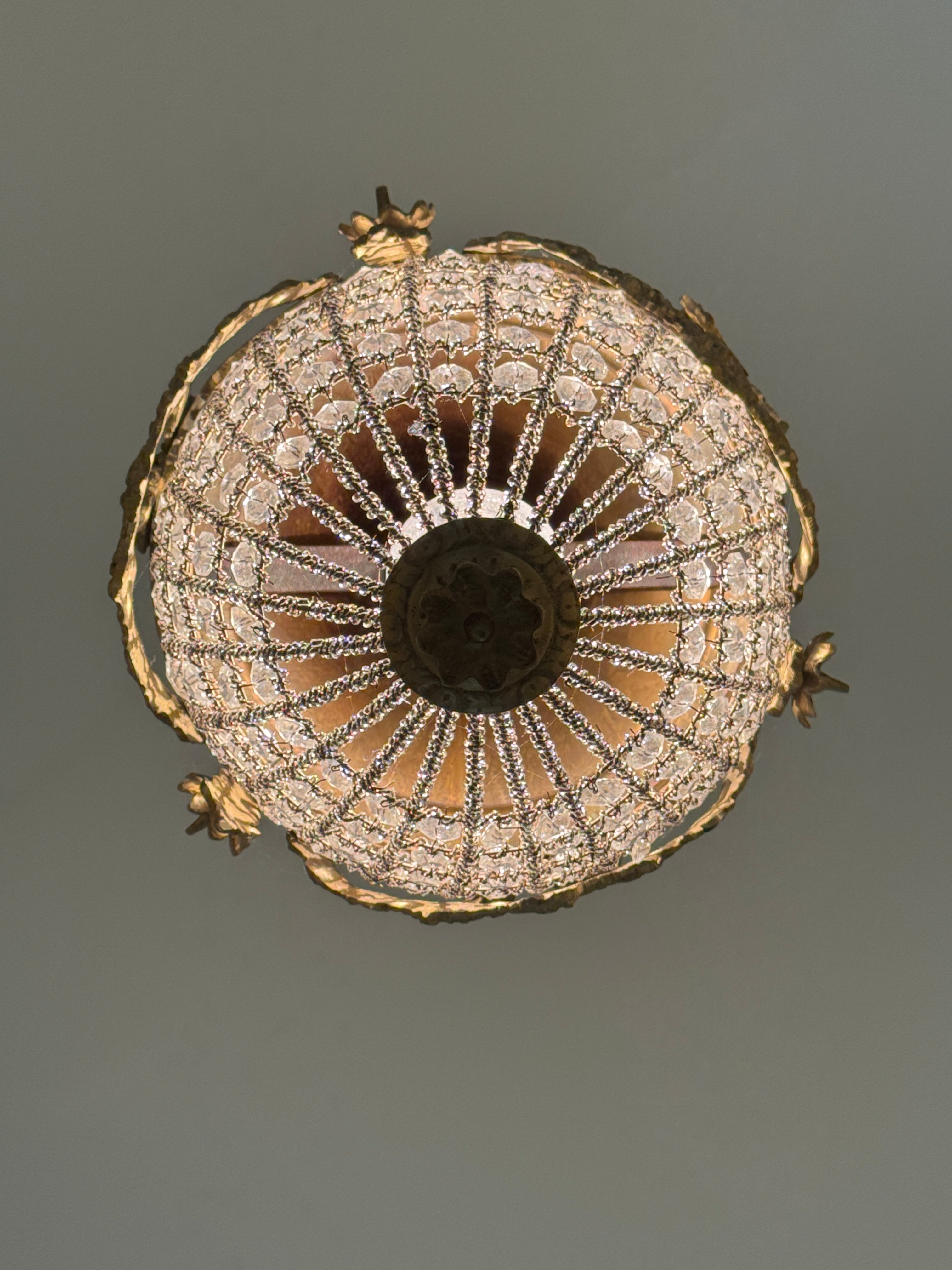 French Rococo Style Teardrop Pendant Chandelier with Gilded Brass and Crystals