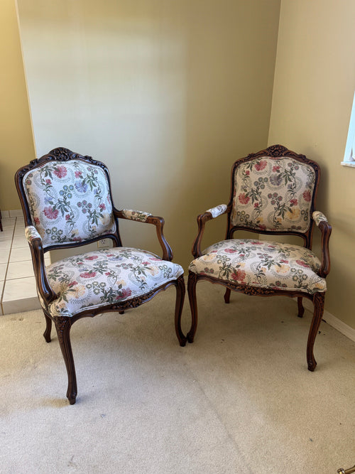 Antique French Louis XV Style Upholstered Carved Mahogany Arm Chairs - Set of Two