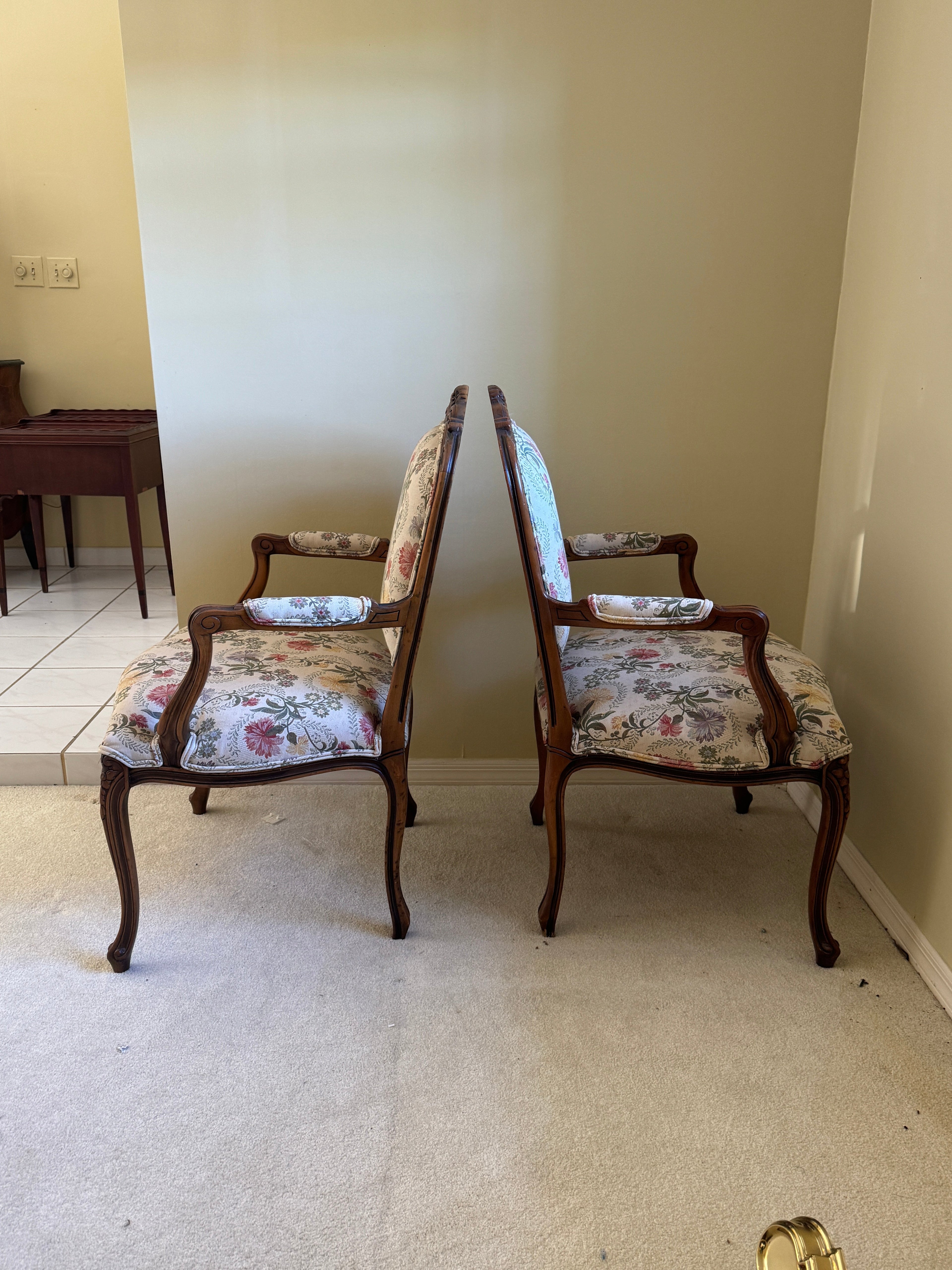 Antique French Louis XV Style Upholstered Carved Mahogany Arm Chairs - Set of Two