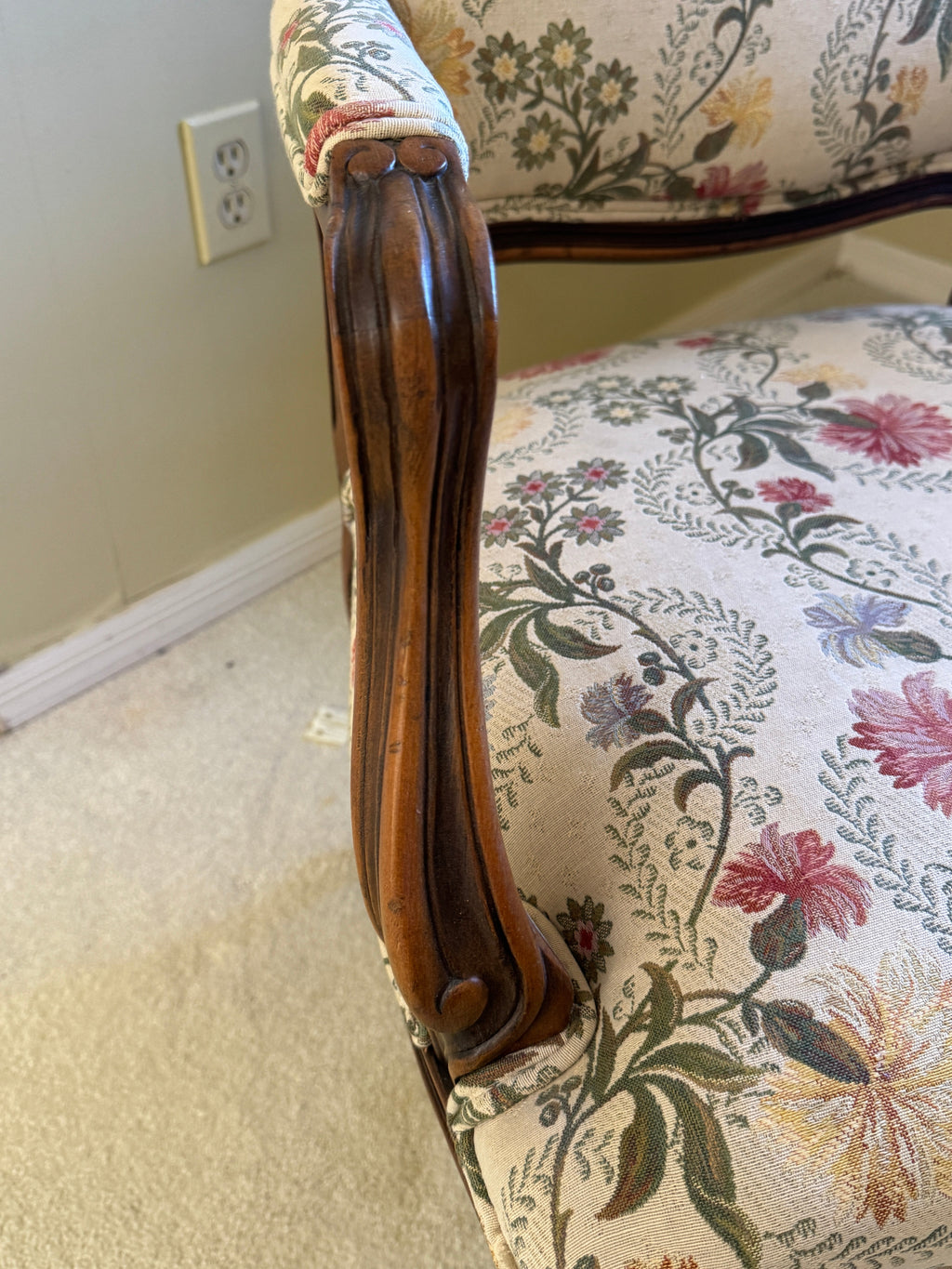 Antique French Louis XV Style Upholstered Carved Mahogany Arm Chairs - Set of Two