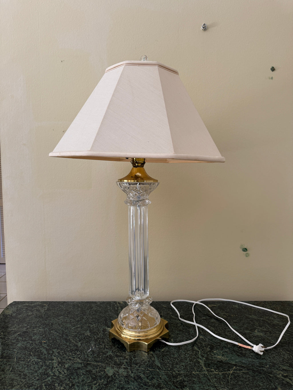 Mid Century Column Crystal Glass Lamp with Brass Base and Creamy White Lamp Shade