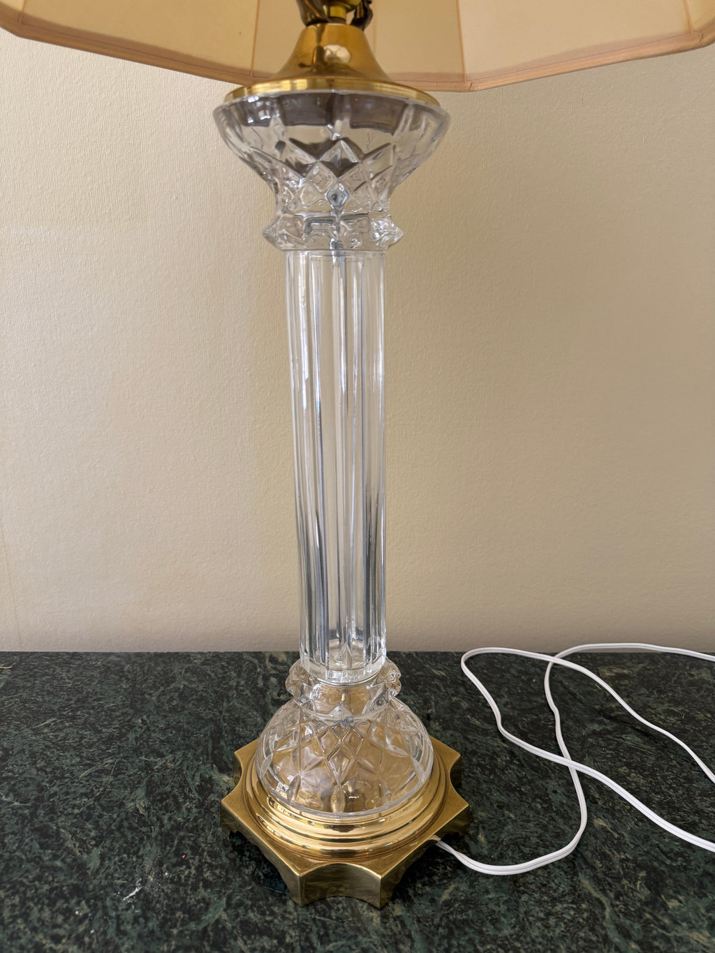 Mid Century Column Crystal Glass Lamp with Brass Base and Creamy White Lamp Shade