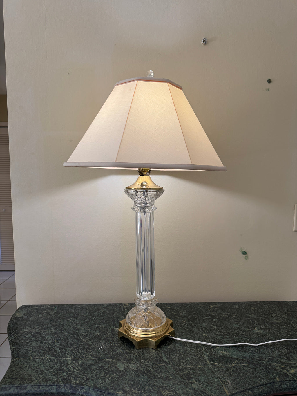 Mid Century Column Crystal Glass Lamp with Brass Base and Creamy White Lamp Shade