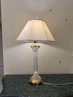 Mid Century Column Crystal Glass Lamp with Brass Base and Creamy White Lamp Shade