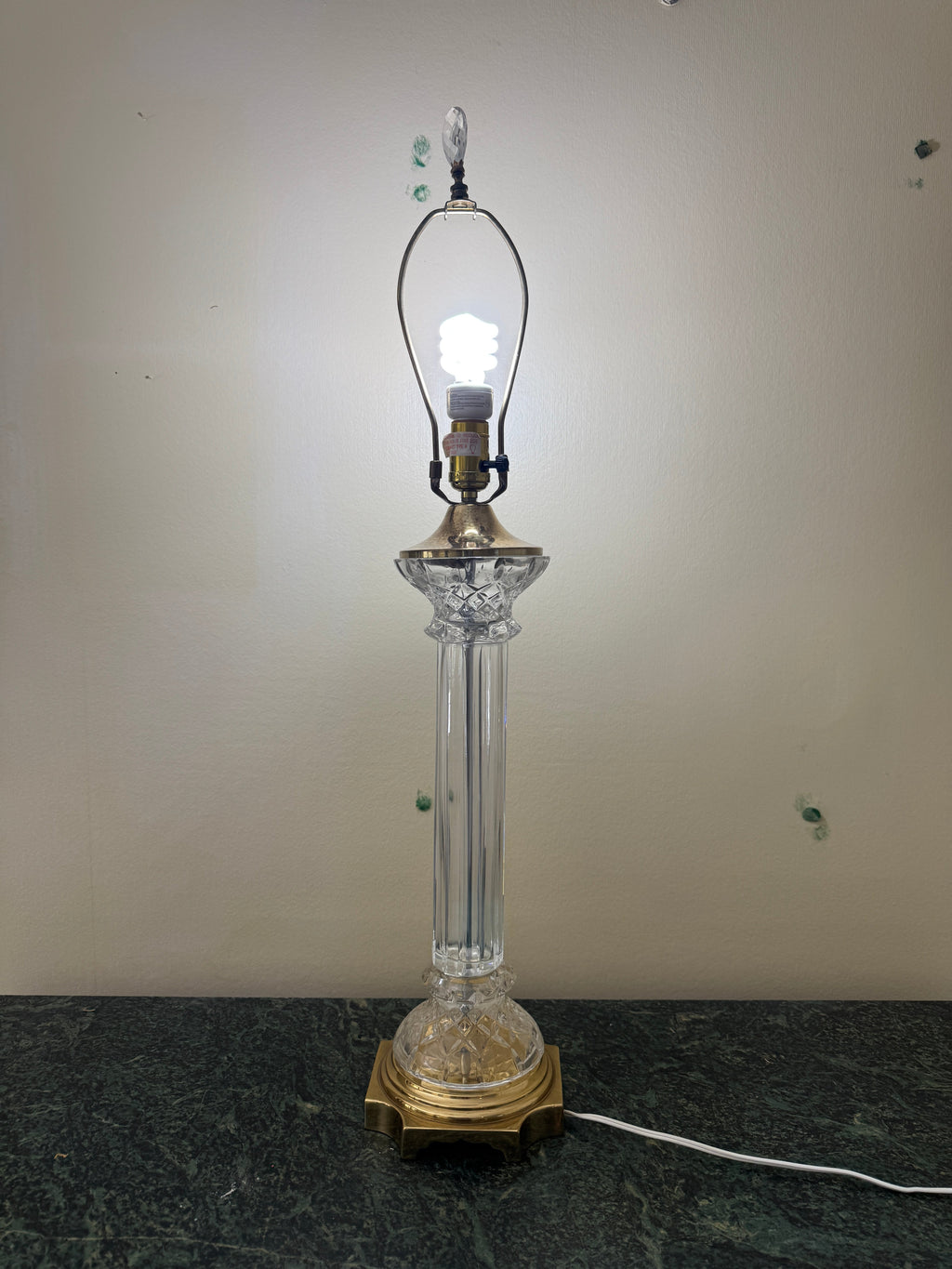 Mid Century Column Crystal Glass Lamp with Brass Base and Creamy White Lamp Shade