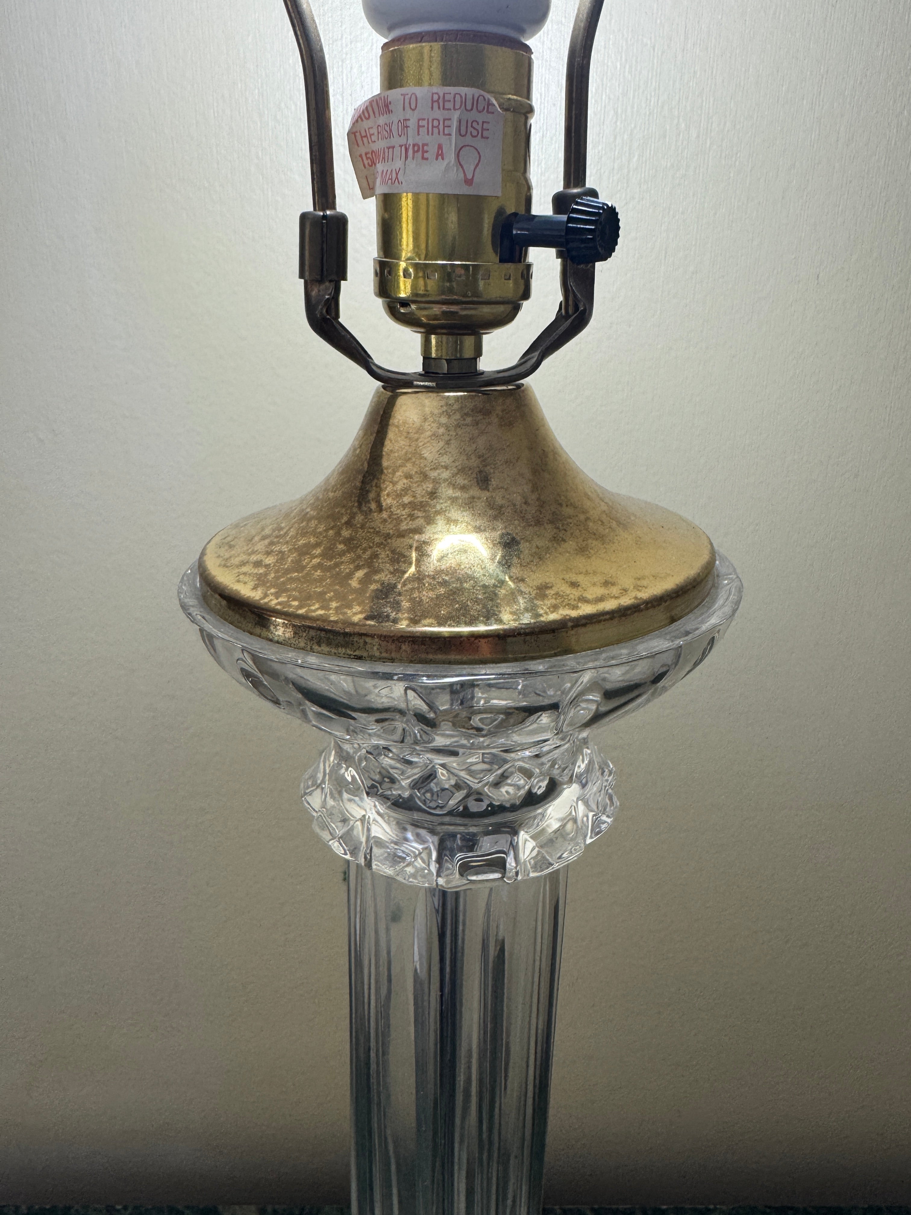 Mid Century Column Crystal Glass Lamp with Brass Base and Creamy White Lamp Shade