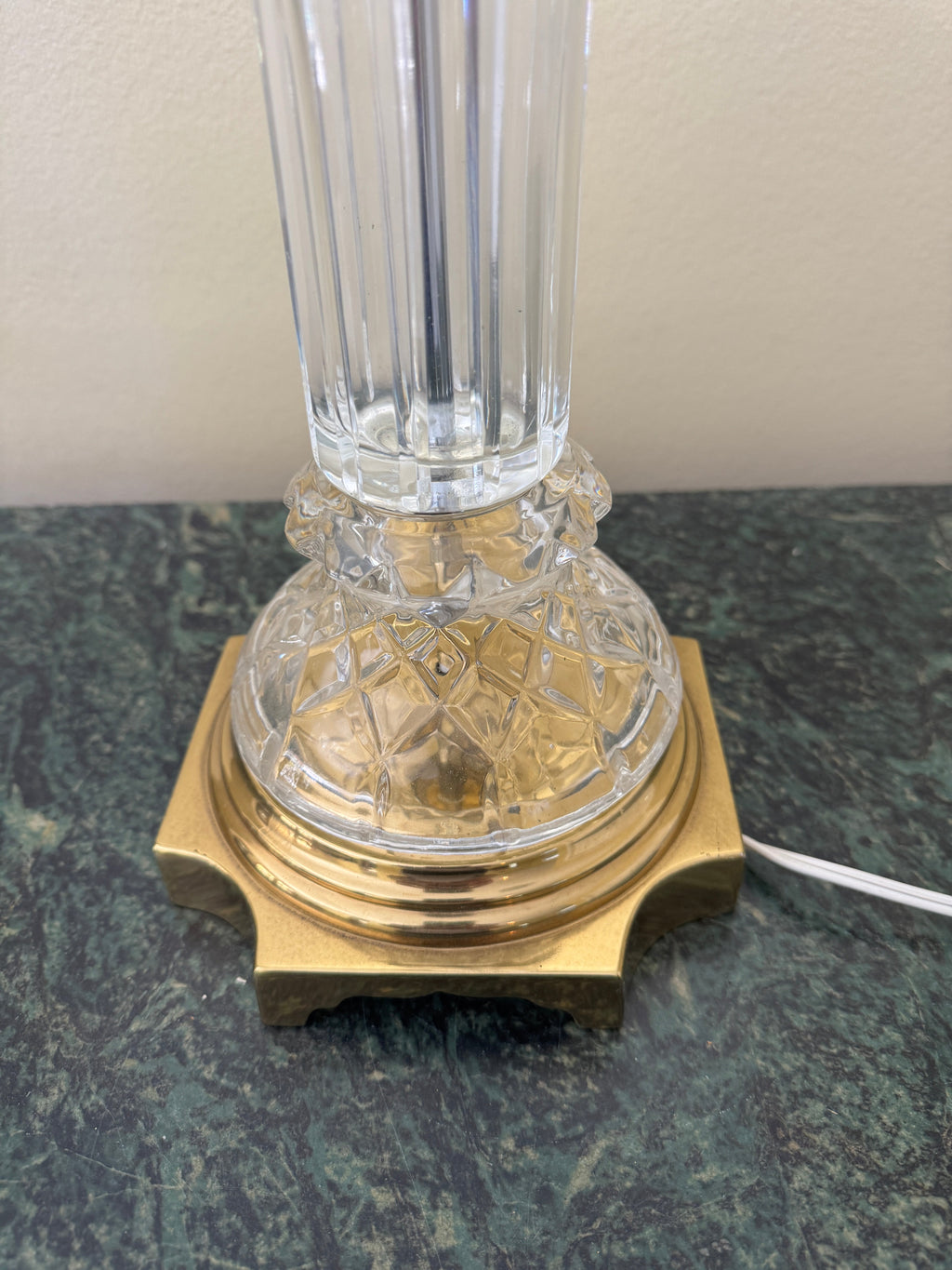 Mid Century Column Crystal Glass Lamp with Brass Base and Creamy White Lamp Shade