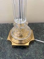 Mid Century Column Crystal Glass Lamp with Brass Base and Creamy White Lamp Shade