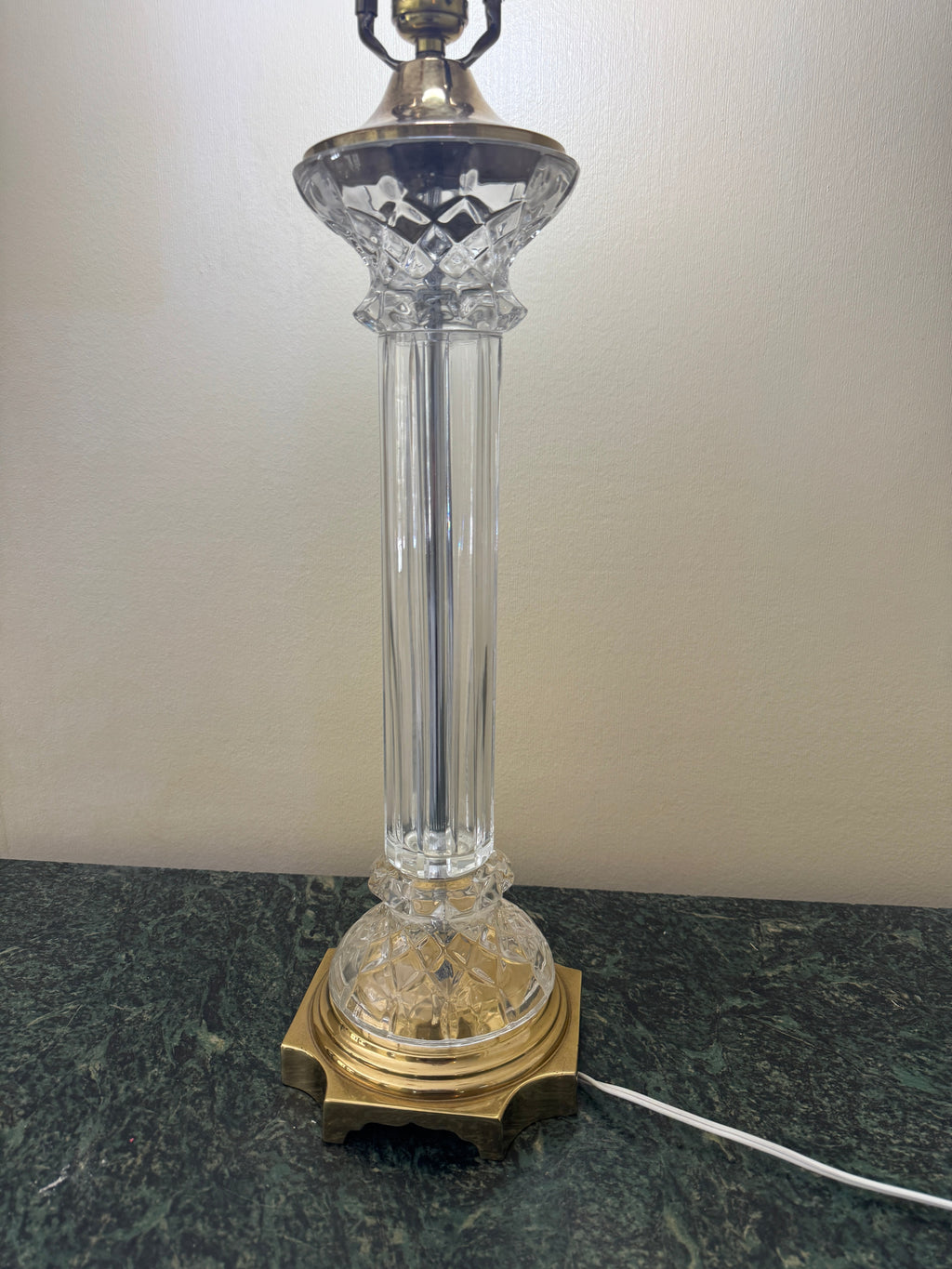 Mid Century Column Crystal Glass Lamp with Brass Base and Creamy White Lamp Shade