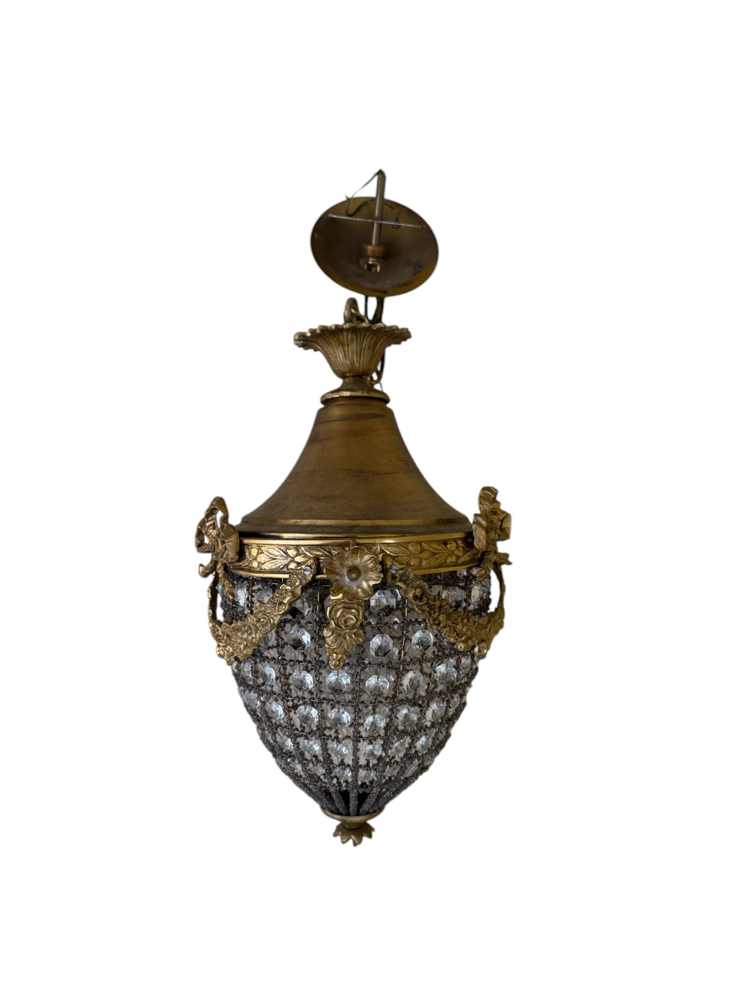 French Rococo Style Teardrop Pendant Chandelier with Gilded Brass and Crystals