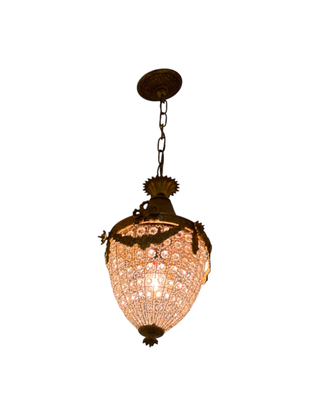 French Rococo Style Teardrop Pendant Chandelier with Gilded Brass and Crystals