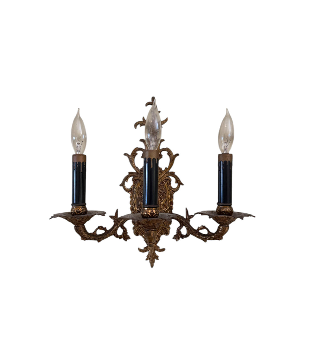 Pair of Vintage Bronze Three Arm Wall Sconces