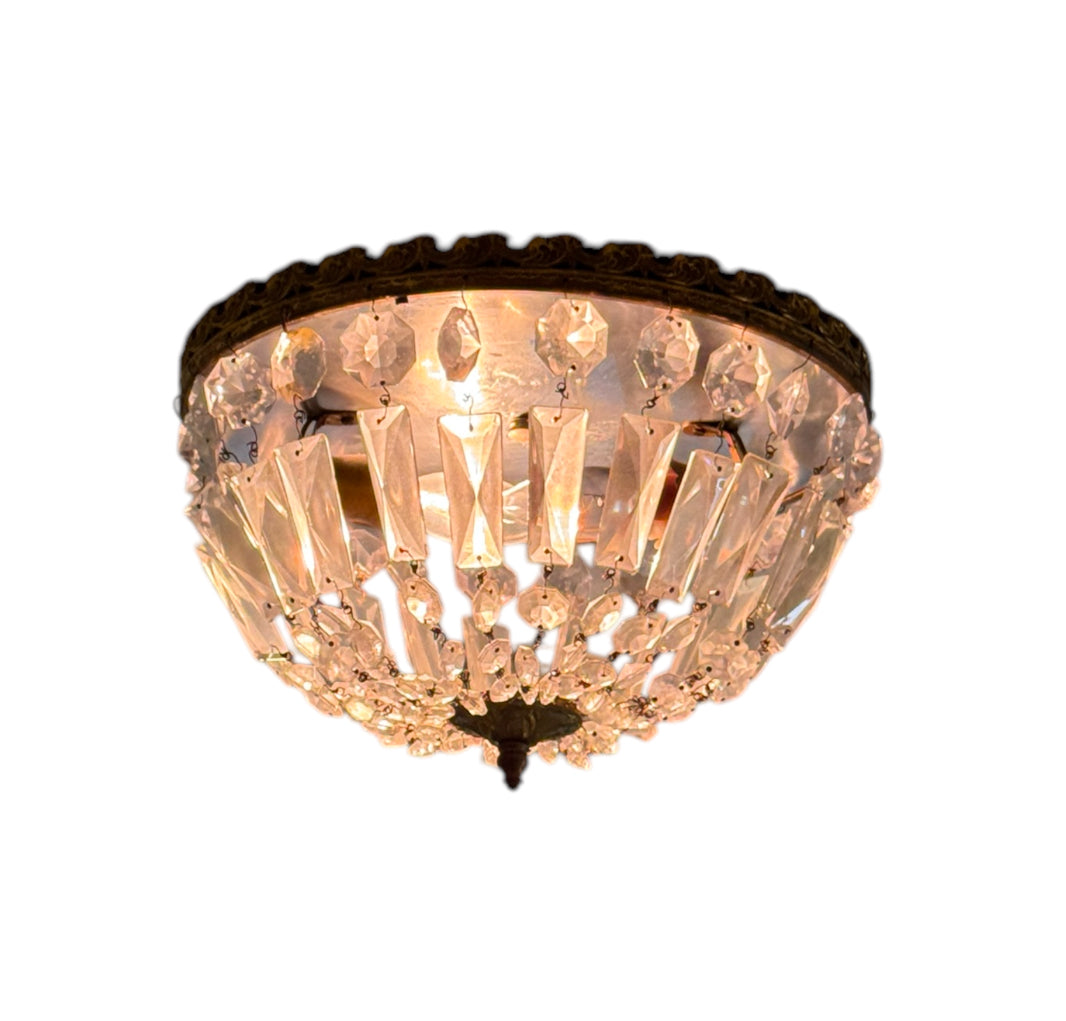 Mid-Century Louis XVI French Regency Ceiling Pendant in Crystal and Brass