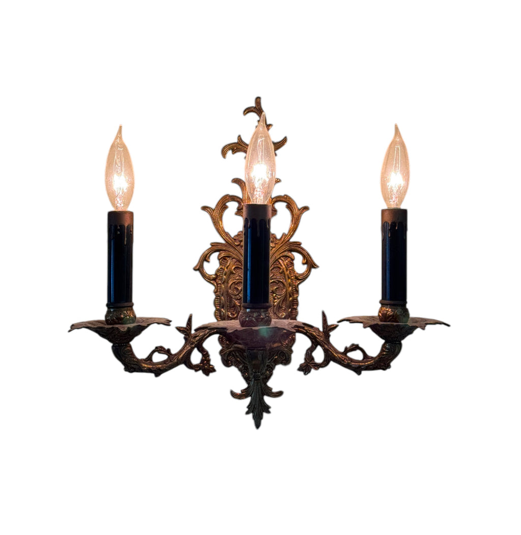 Pair of Vintage Bronze Three Arm Wall Sconces