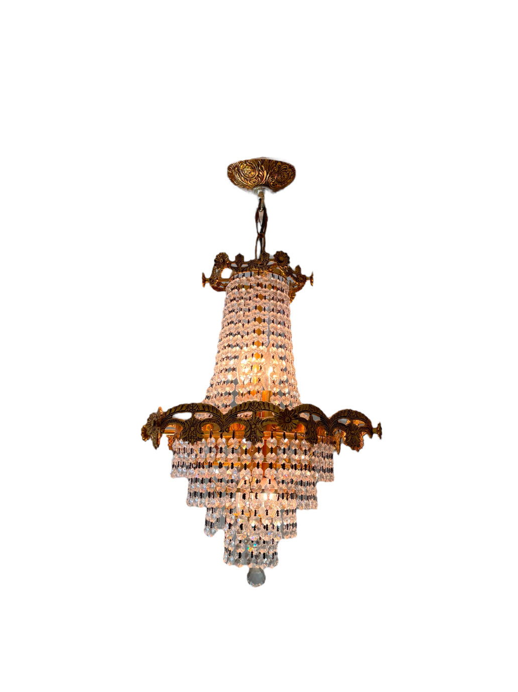 Mid-Century Schonbek Empire Style Crystal & Gilded Brass Chandelier Pendant