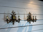 Pair of Vintage Bronze Three Arm Wall Sconces with White Candlesticks